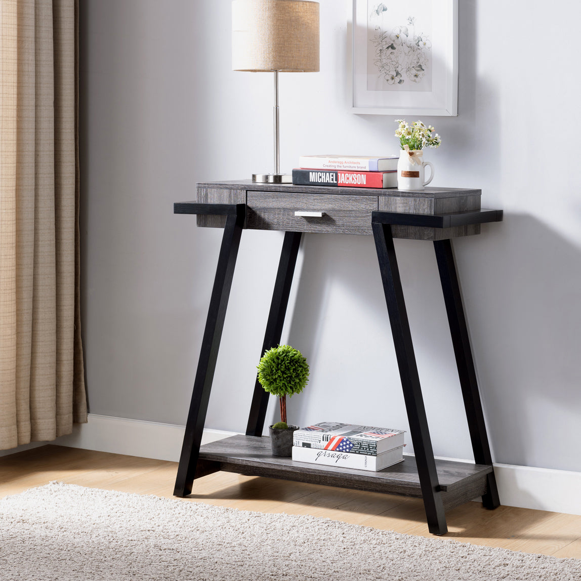 Modern Hallway Display Table With Drawer & Bottom Shelve In Distressed Grey & Black Grey Particle Board