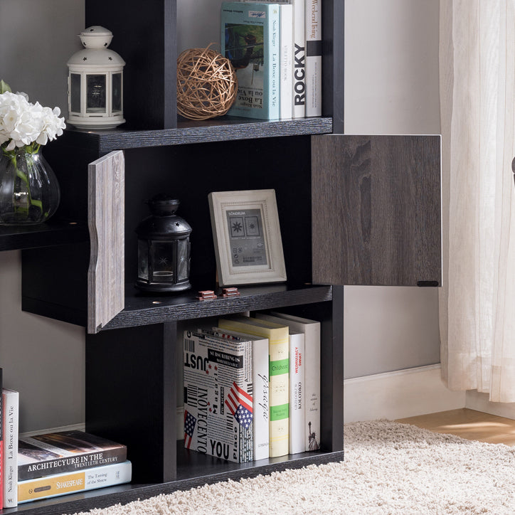 Two Toned Display Cabinet, Two Door Bookcase Six Shelves In Black & Distressed Grey Black Particle Board