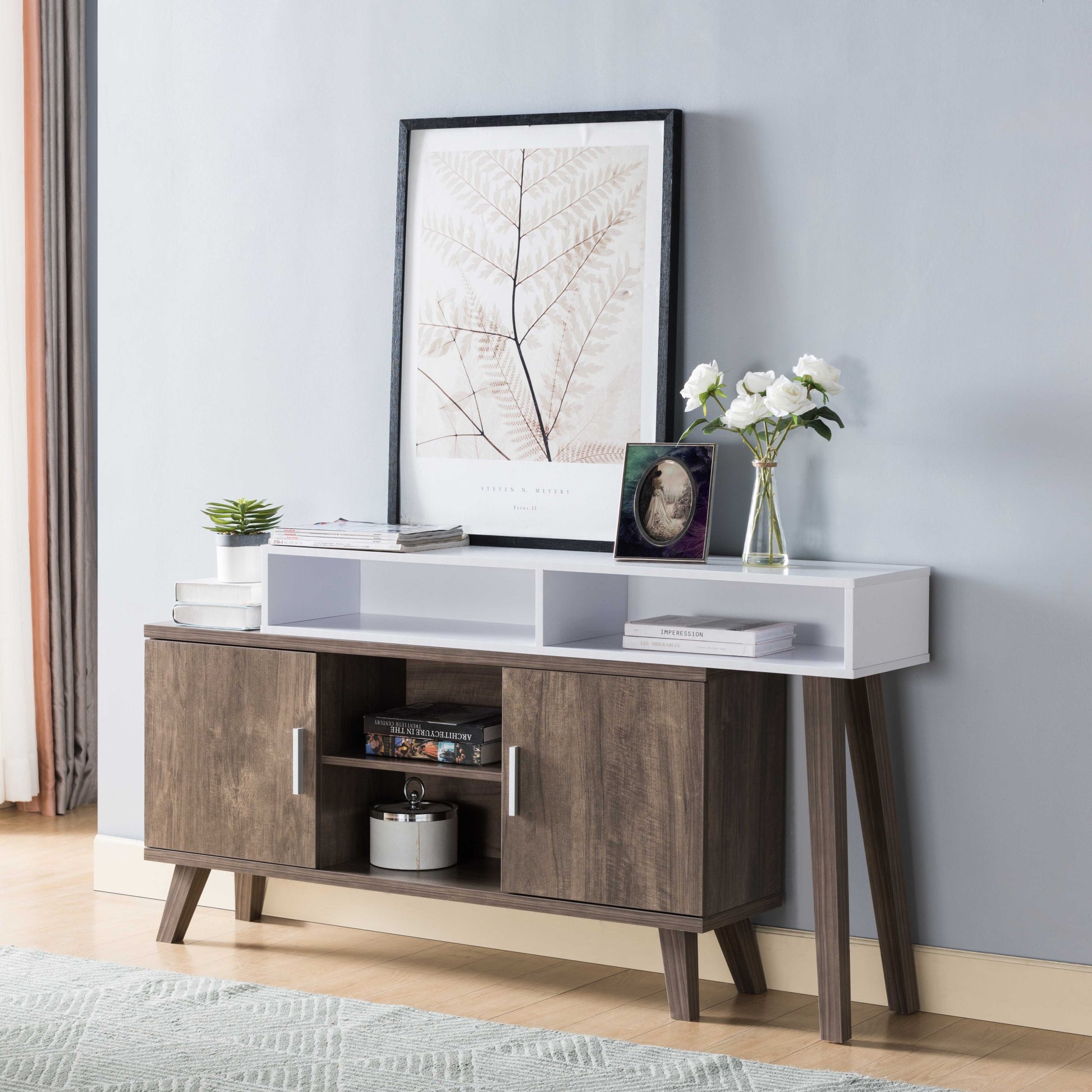 Home Entryway Console Table With Multi Storage Compartments, Display Cabinet, Hazelnut & White Caramel Particle Board