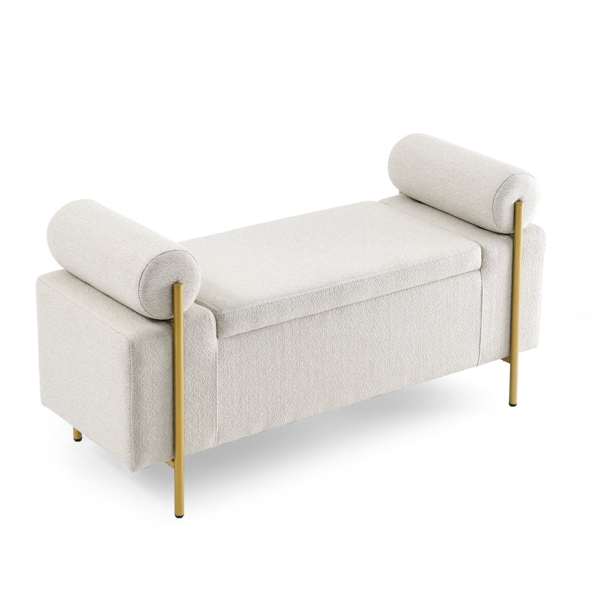 Elegant Upholstered Linen Storage Bench With Cylindrical Arms And Iron Legs For Hallway Living Room Bedroom, Beige Beige Foam