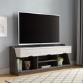 62 Inch Tv Console With 3 Drawers, 4 Shelves For Storage In White Oak & Distressed Grey White Oak 60 69 Inches Particle Board