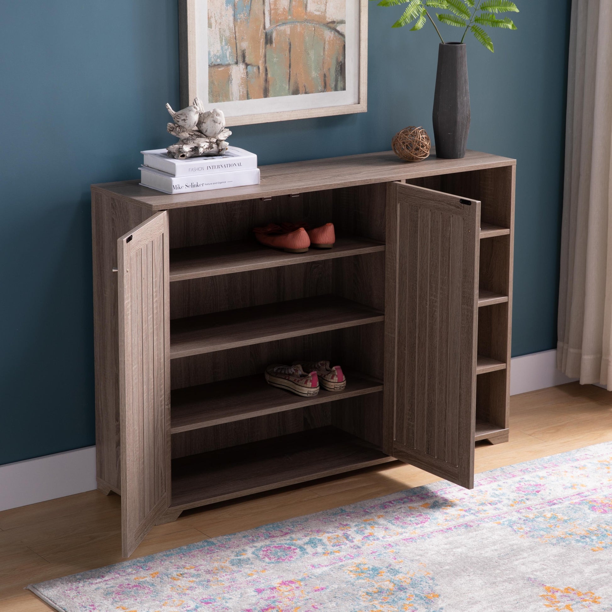 Entryway 4 Tier Organizing Storage Cabinet, Double Door Wooden Shoe Cabinet, Dark Taupe Taupe Particle Board