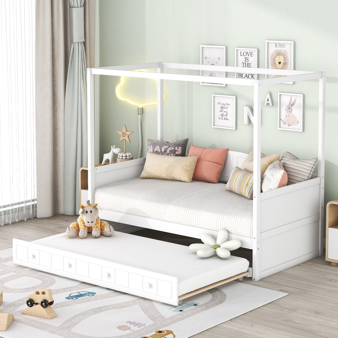 Twin Size Canopy Day Bed With Twin Size Trundle, White White Solid Wood Mdf