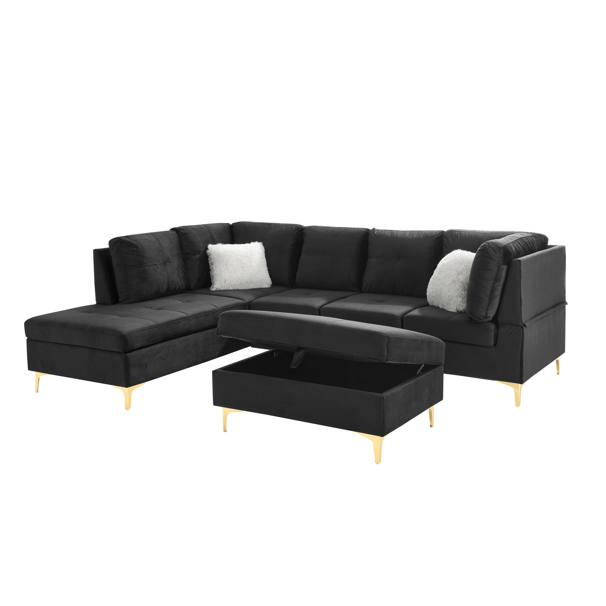 103" Velvet Sectional Sofa, L Shape Corner Couch With Storage Ottoman For Living Room, Black Fabric, Pocket Coil Spring In Seats, Chaise Face Left Black Velvet Wood Primary Living Space Medium Soft Pillow Back Classic L Shaped Pillow Top Arms Foam Velvet