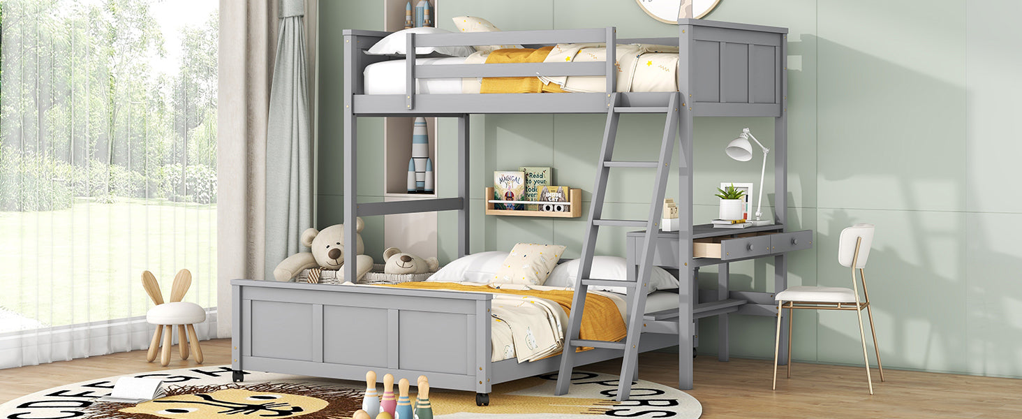 Twin Over Full Bunk Bed With Desk, Gray Gray Solid Wood Mdf