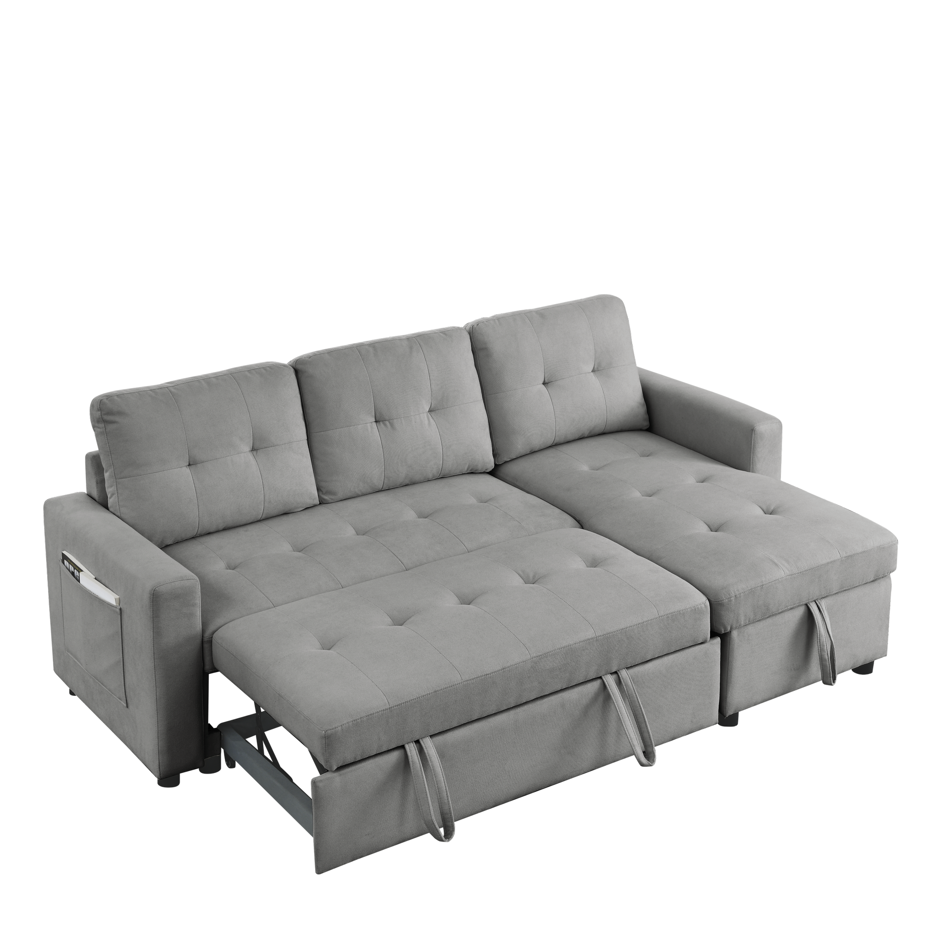 Mh 78.5" Sleeper Sofa Bed Reversible Sectional Couch With Storage Chaise And Side Storage Bag For Small Space Living Room Furniture Set Grey Primary Living Space Eucalyptus Polyester Fabric