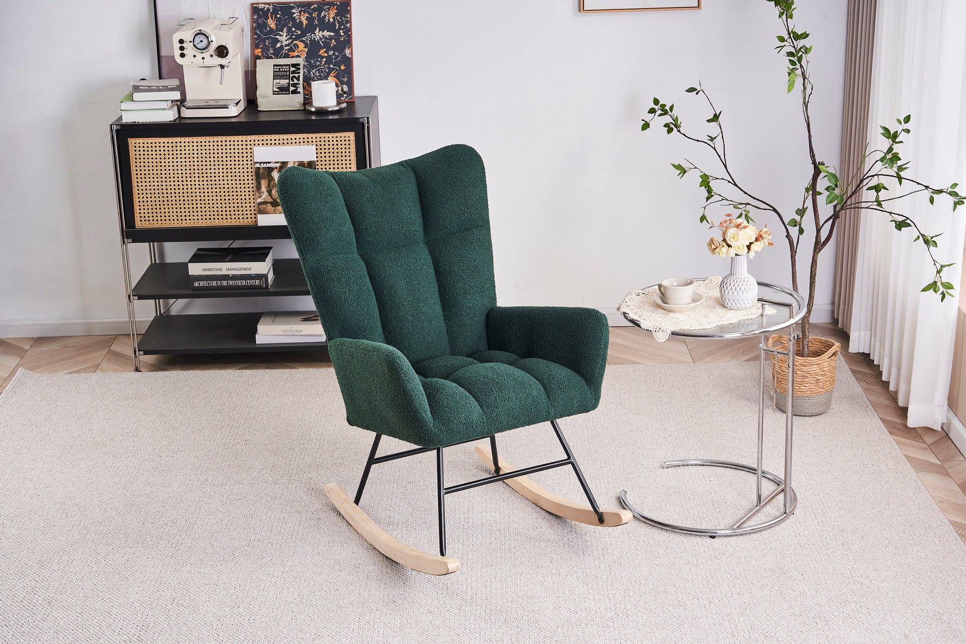 Rocking Chair Nursery, Solid Wood Legs Reading Chair With Teddy Fabric Upholsterednap Armchair For Living Rooms, Bedrooms, Offices, Best Gift,Emerald Teddy Fabric Emerald Primary Living Space Modern Rocking Chairs Polyester