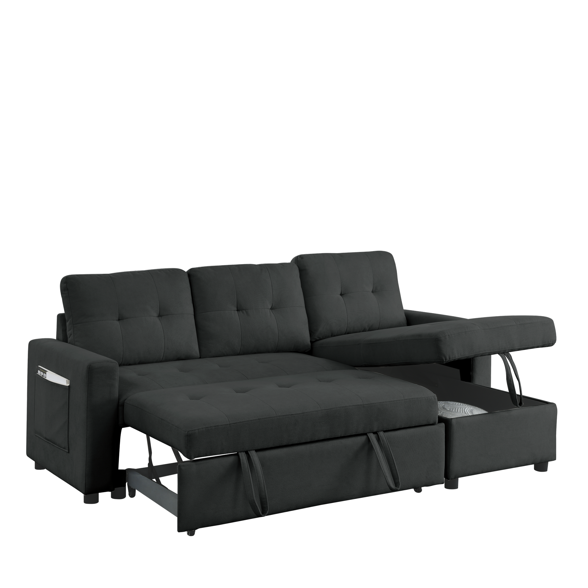 Mh 78.5" Sleeper Sofa Bed Reversible Sectional Couch With Storage Chaise And Side Storage Bag For Small Space Living Room Furniture Set Black Primary Living Space Eucalyptus Polyester Fabric