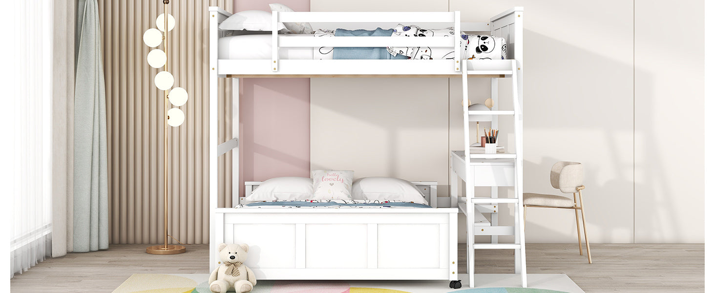 Full Over Full Bunk Bed With Desk, White White Solid Wood Mdf