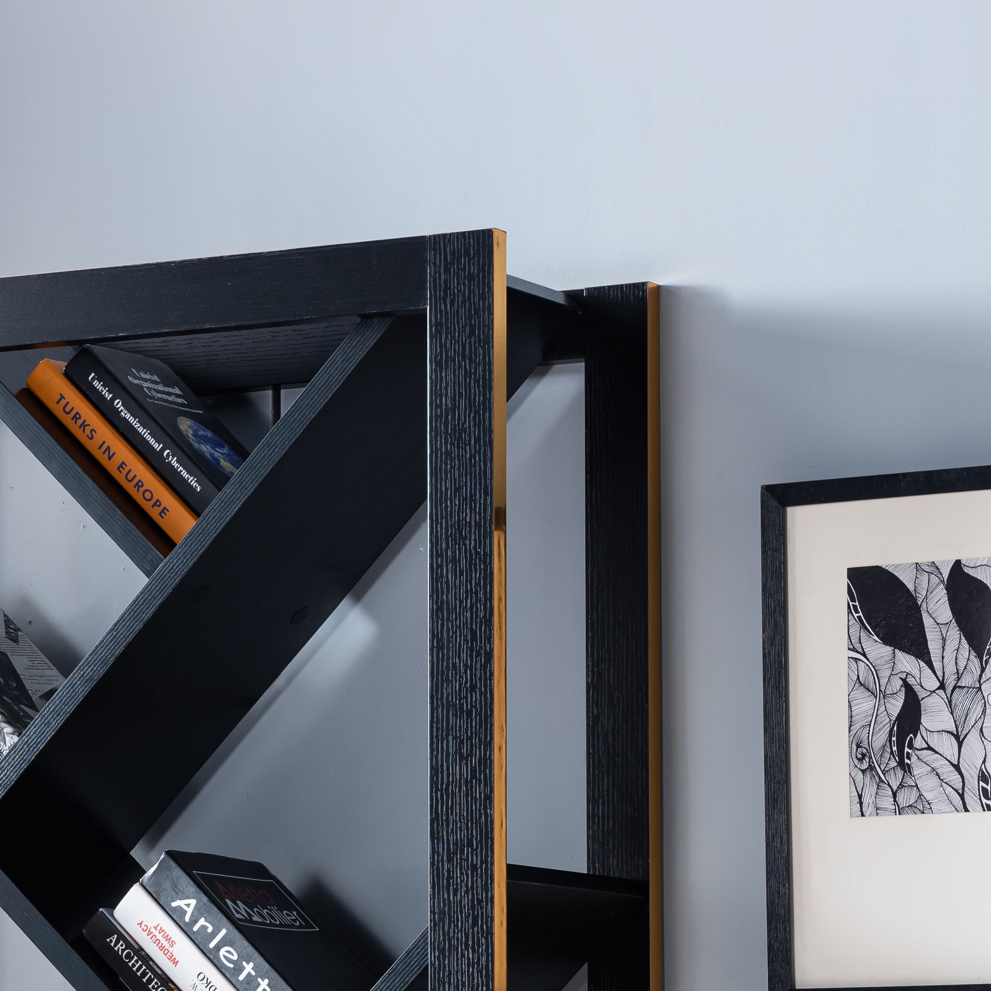 Abstract Bookcase With Seven V Shape Shelves, Black & Faux Gold Trim Black Particle Board