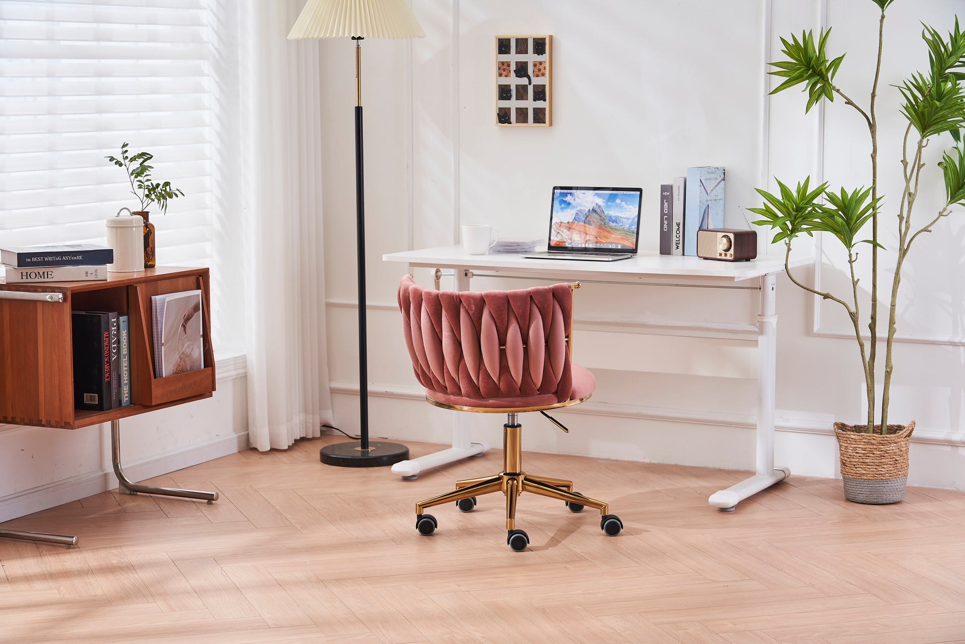 Office Desk Chair, Upholstered Home Office Desk Chairs With Adjustable Swivel Wheels, Ergonomic Office Chair For Living Room, Bedroom, Office, Vanity Study Pink Pink Office Modern Foam Velvet