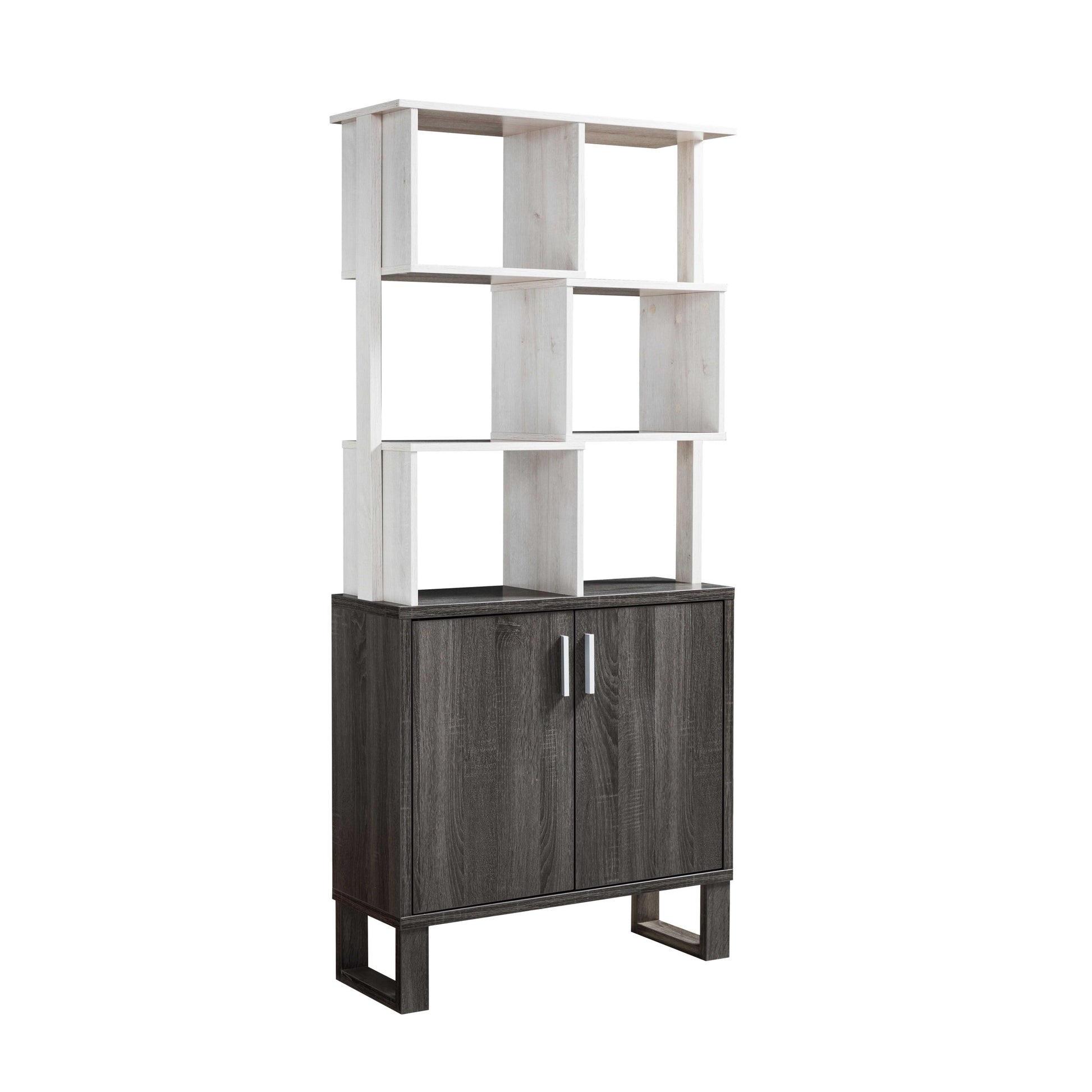 Multi Level Display Cabinet, Two Door Storage Cabinet With Shelving White Oak & Distressed Grey White Oak Particle Board