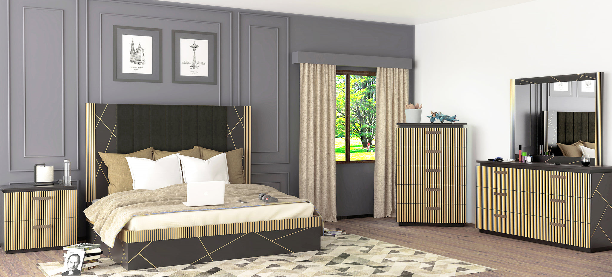 Allure Modern Style 5Pc Queen Bedroom Set Made With Mango Wood And Finished With Brass Metal Box Spring Not Required Queen Black Wood 5 Piece Set Bedroom Bed Included,Chest Included,Dresser Included,Mirror Included,Nightstand Included Contemporary,Modern