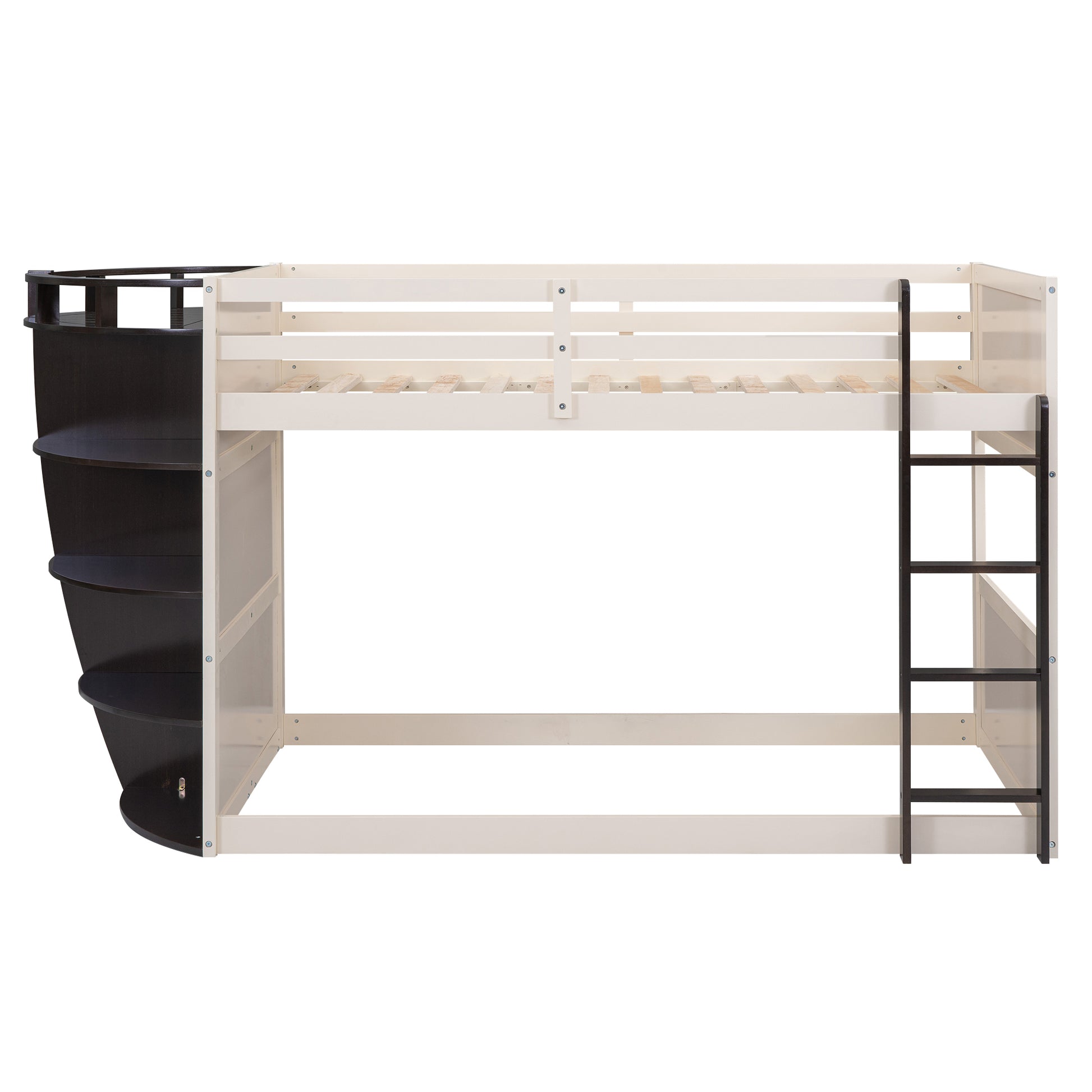 Twin Over Twin Boat Like Shape Bunk Bed With Storage Shelves, Cream Espresso Box Spring Not Required Twin Espresso Wood Bedroom Bunk Solid Wood Mdf