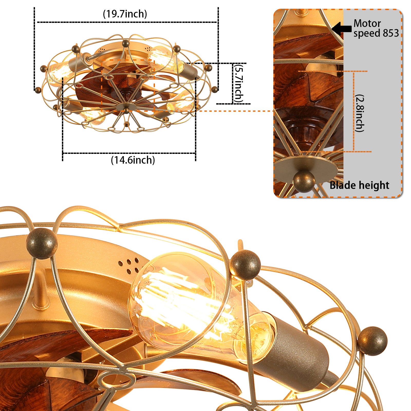 Low Profile Caged Ceiling Fan With Lights Remote Control, Embedded Modern Industrial Ceiling Fan Gold Modern Abs