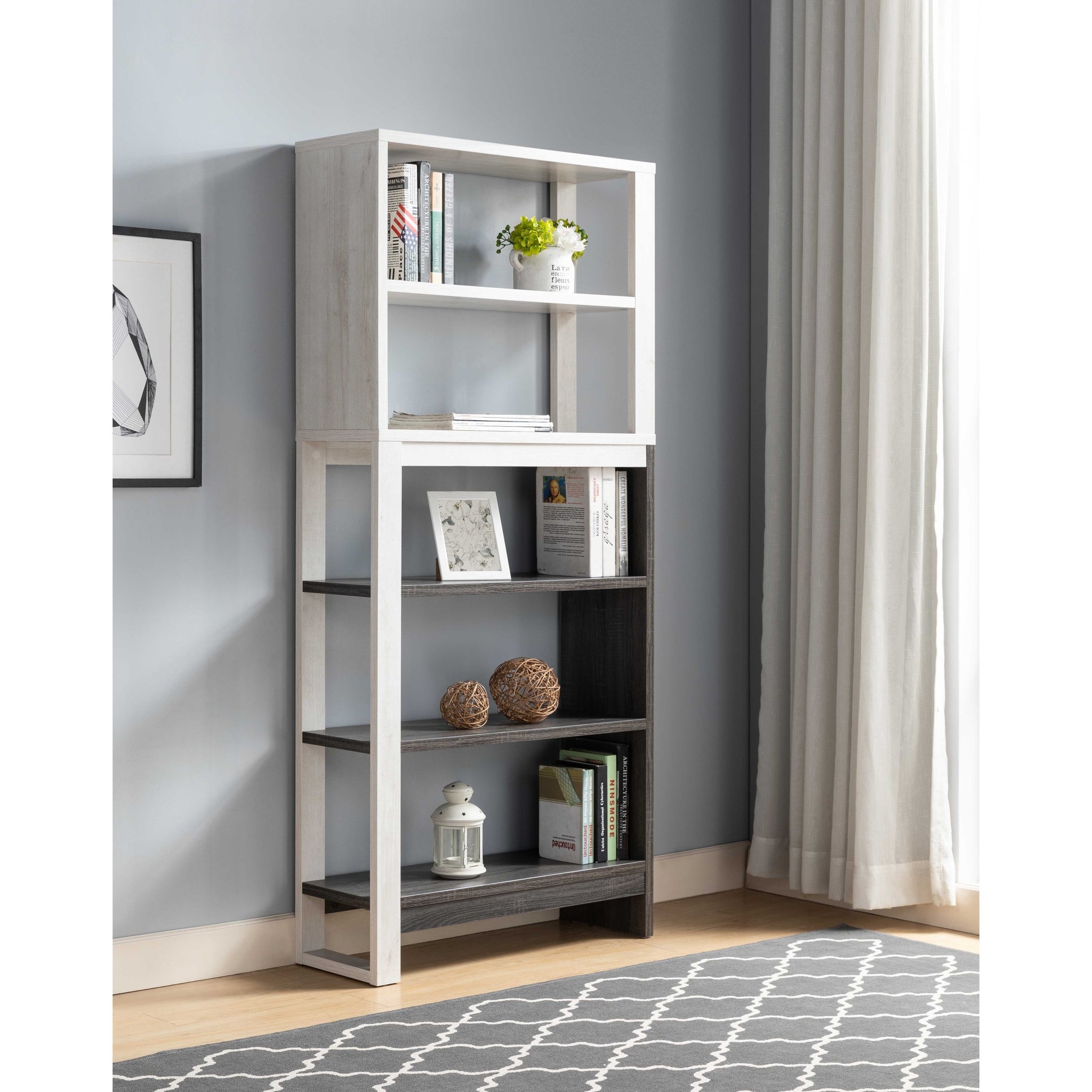 5 Tier Home Display Cabinet, Two Toned Freestanding Bookcase White Oak & Distressed Grey White Oak Particle Board