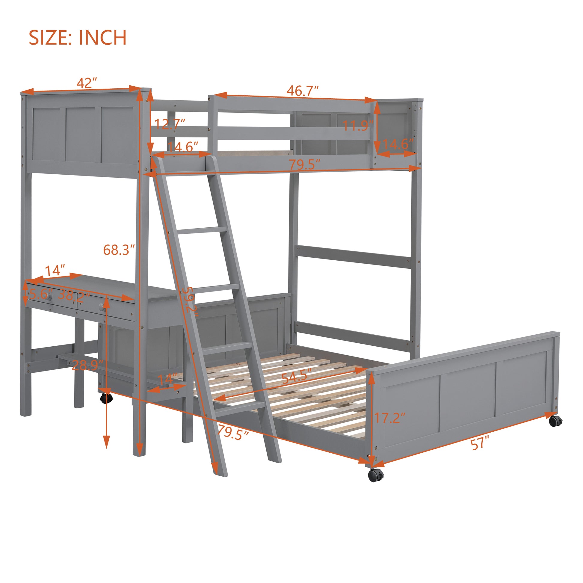 Twin Over Full Bunk Bed With Desk, Gray Gray Solid Wood Mdf