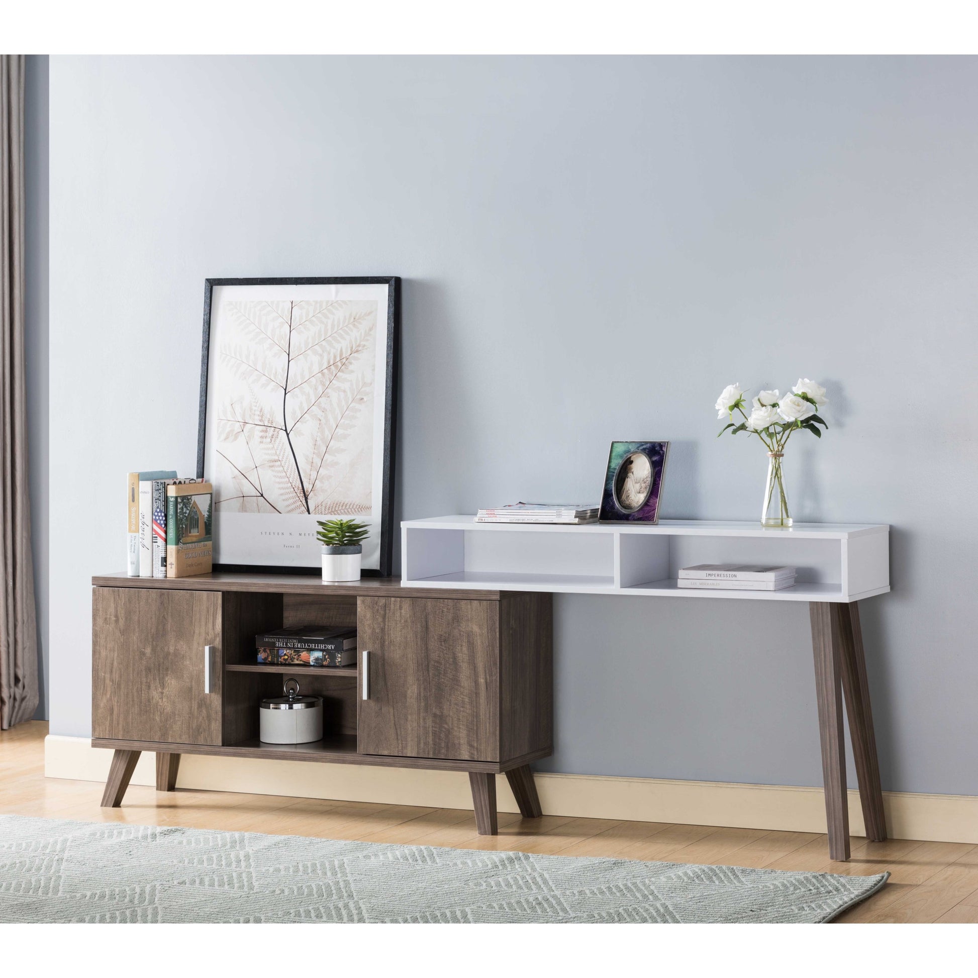 Home Entryway Console Table With Multi Storage Compartments, Display Cabinet, Hazelnut & White Caramel Particle Board