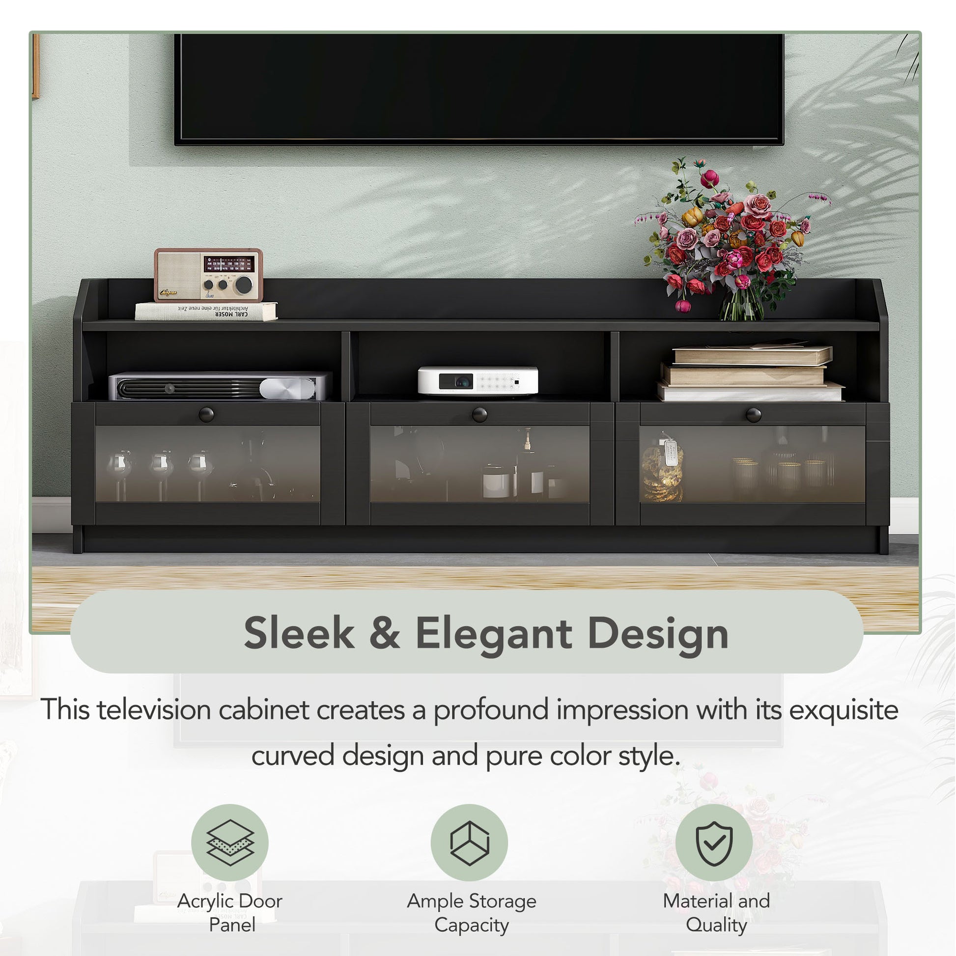 Sleek & Modern Design Tv Stand With Acrylic Board Door, Chic Elegant Media Console For Tvs Up To 65", Large Storage Space Tv Cabinet With Black Handles, Black Black Primary Living Space 60 69 Inches 60 69 Inches 65 Inches Particle Board