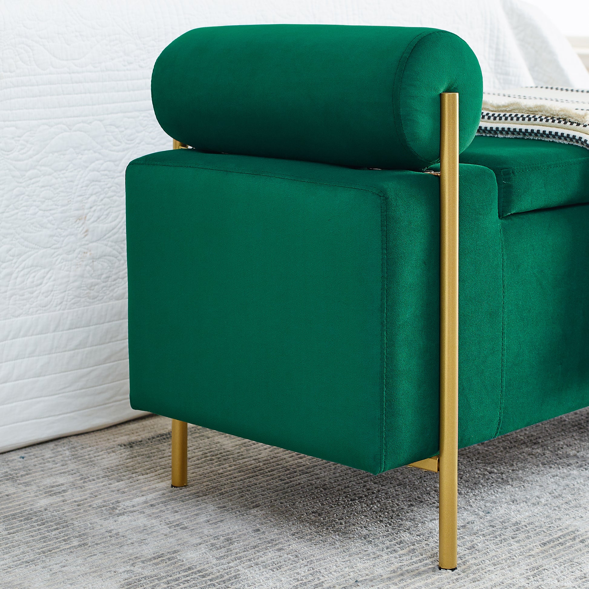 Elegant Upholstered Velvet Storage Bench With Cylindrical Arms And Iron Legs For Hallway Living Room Bedroom, Green Green Foam