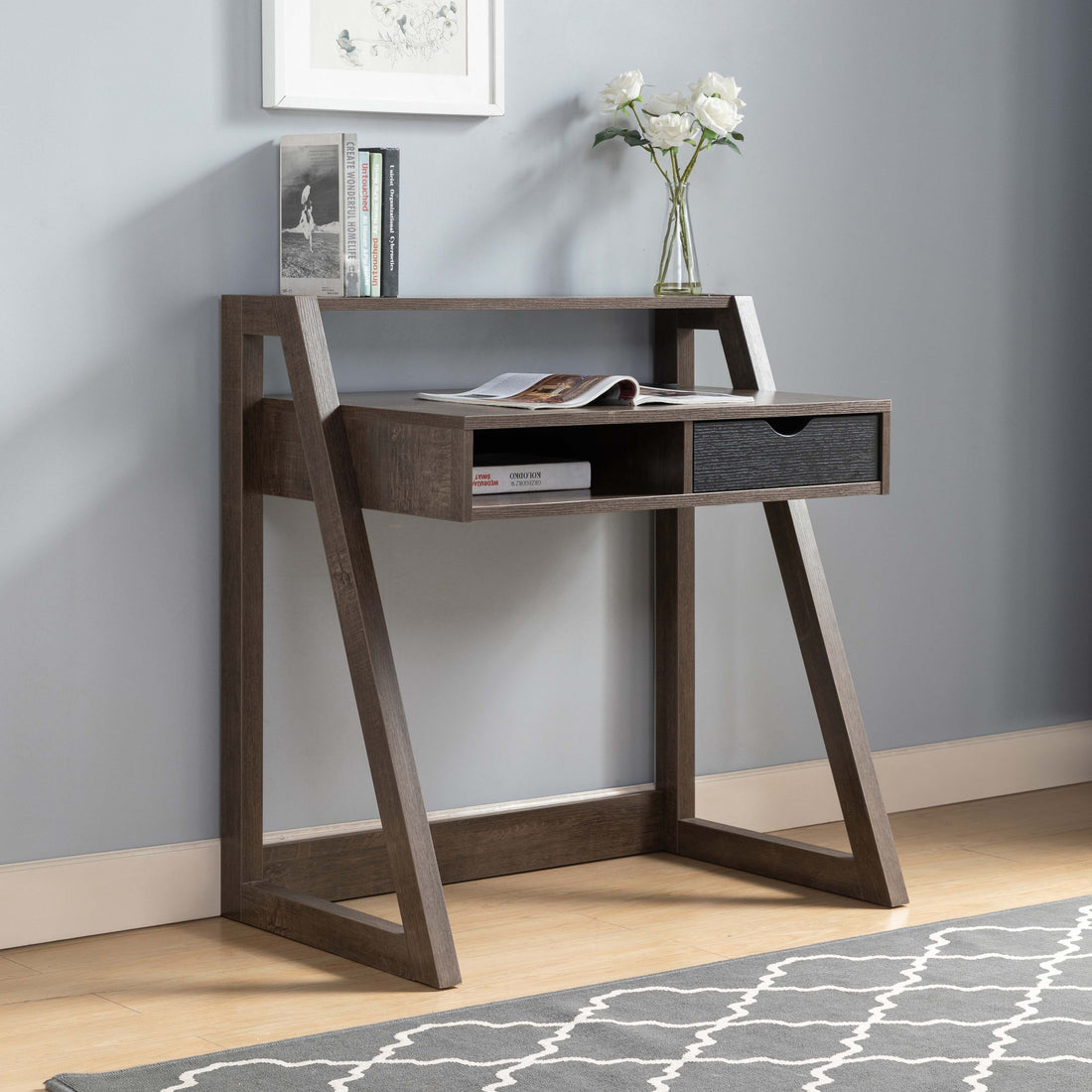 Home Office Desk With Drawer And Power Outlet Usb, Walnut Oak & Black Walnut Particle Board