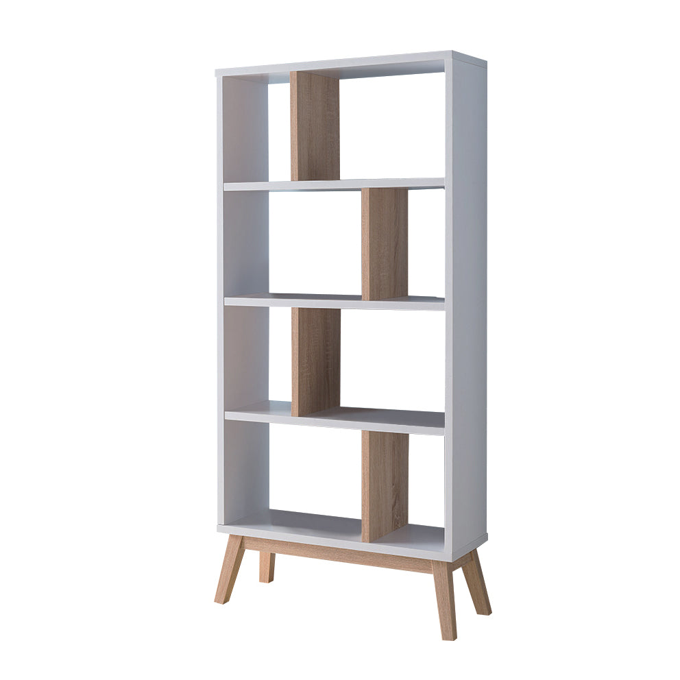 White Two Tone Weathered White Bookcase Display Cabinet Flared Legs Open Back Four Shelves Dividers White Particle Board Mdf