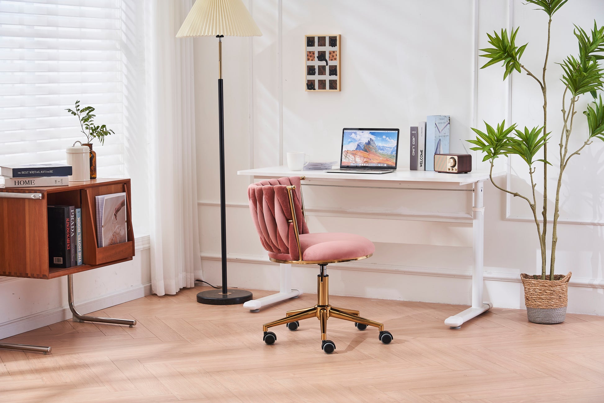 Office Desk Chair, Upholstered Home Office Desk Chairs With Adjustable Swivel Wheels, Ergonomic Office Chair For Living Room, Bedroom, Office, Vanity Study Pink Pink Office Modern Foam Velvet