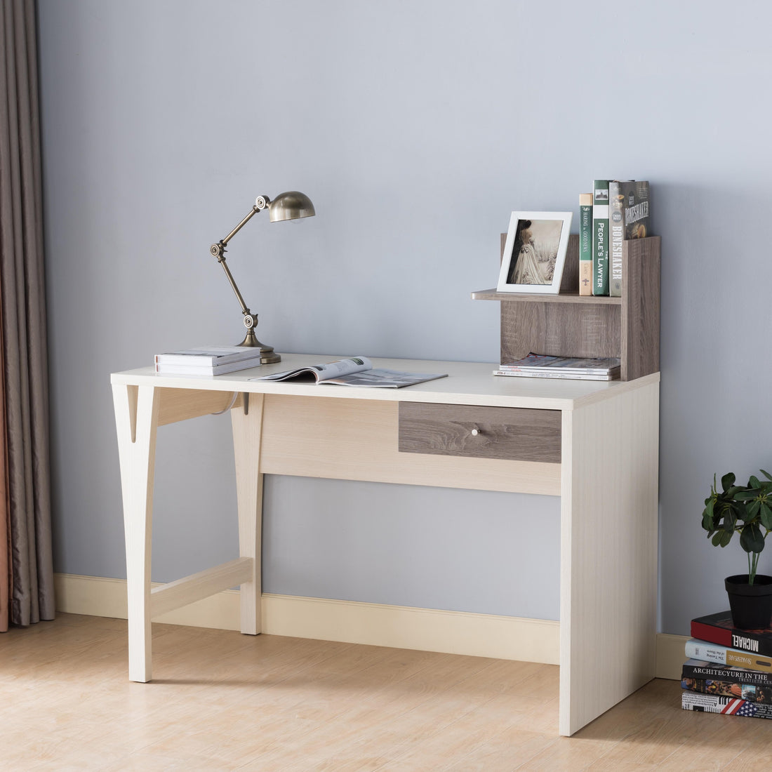 Office Writing Desk With Drawer, Small Bookshelf And Usb Power Outlet In Ivory & Dark Taupe Taupe Particle Board