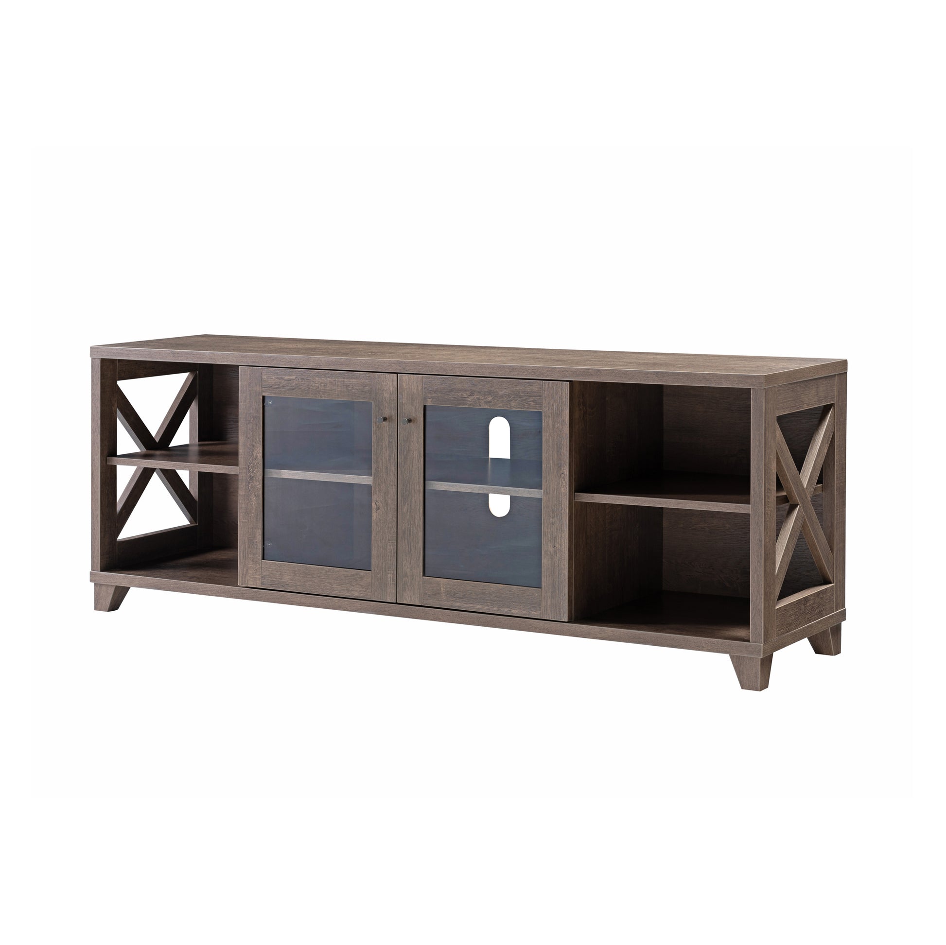 Home 60" Tv Stand With Four Side Shelves And Transparent Center Storage Cabinet In Walnut Oak Walnut 50 59 Inches Particle Board
