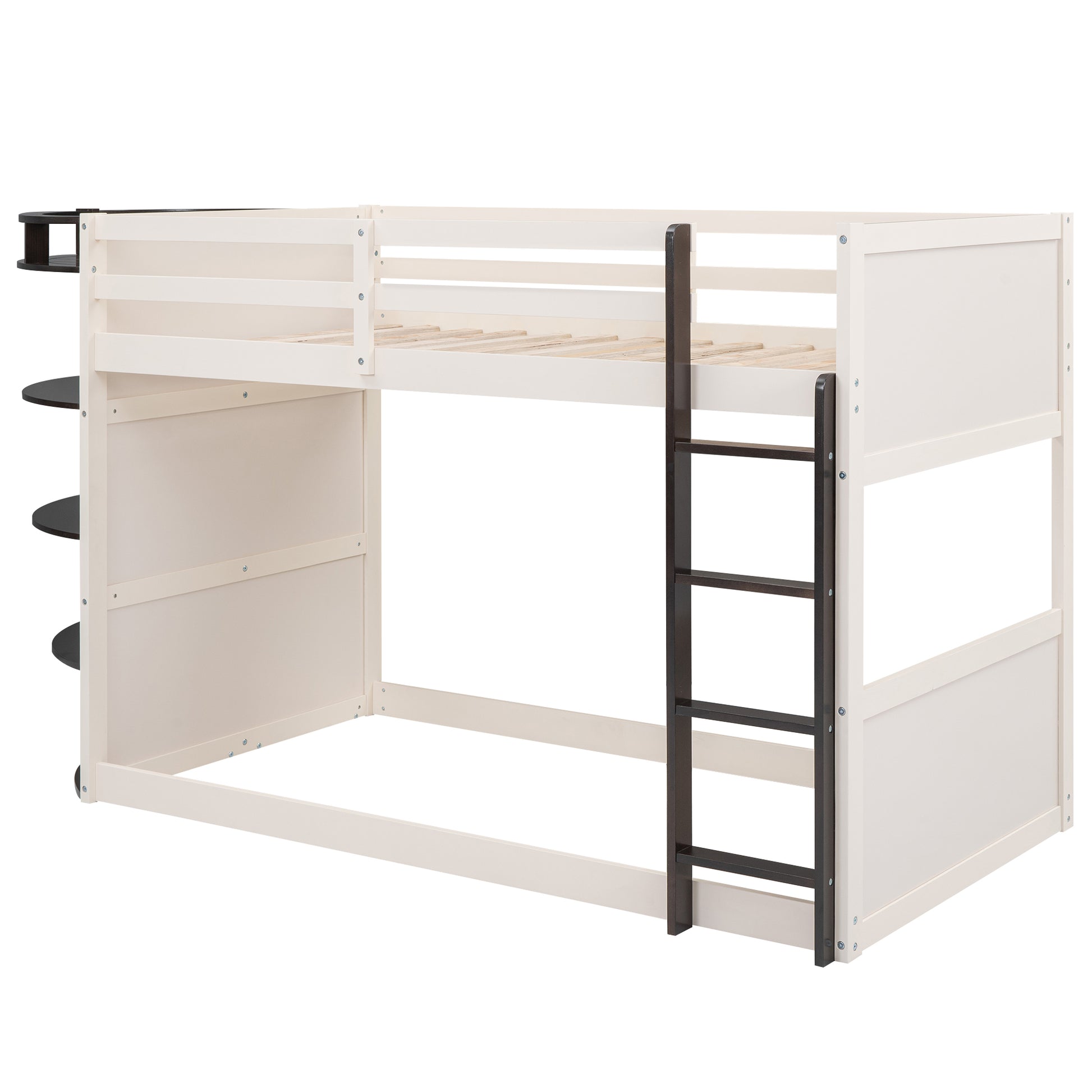 Twin Over Twin Boat Like Shape Bunk Bed With Storage Shelves, Cream Espresso Box Spring Not Required Twin Espresso Wood Bedroom Bunk Solid Wood Mdf