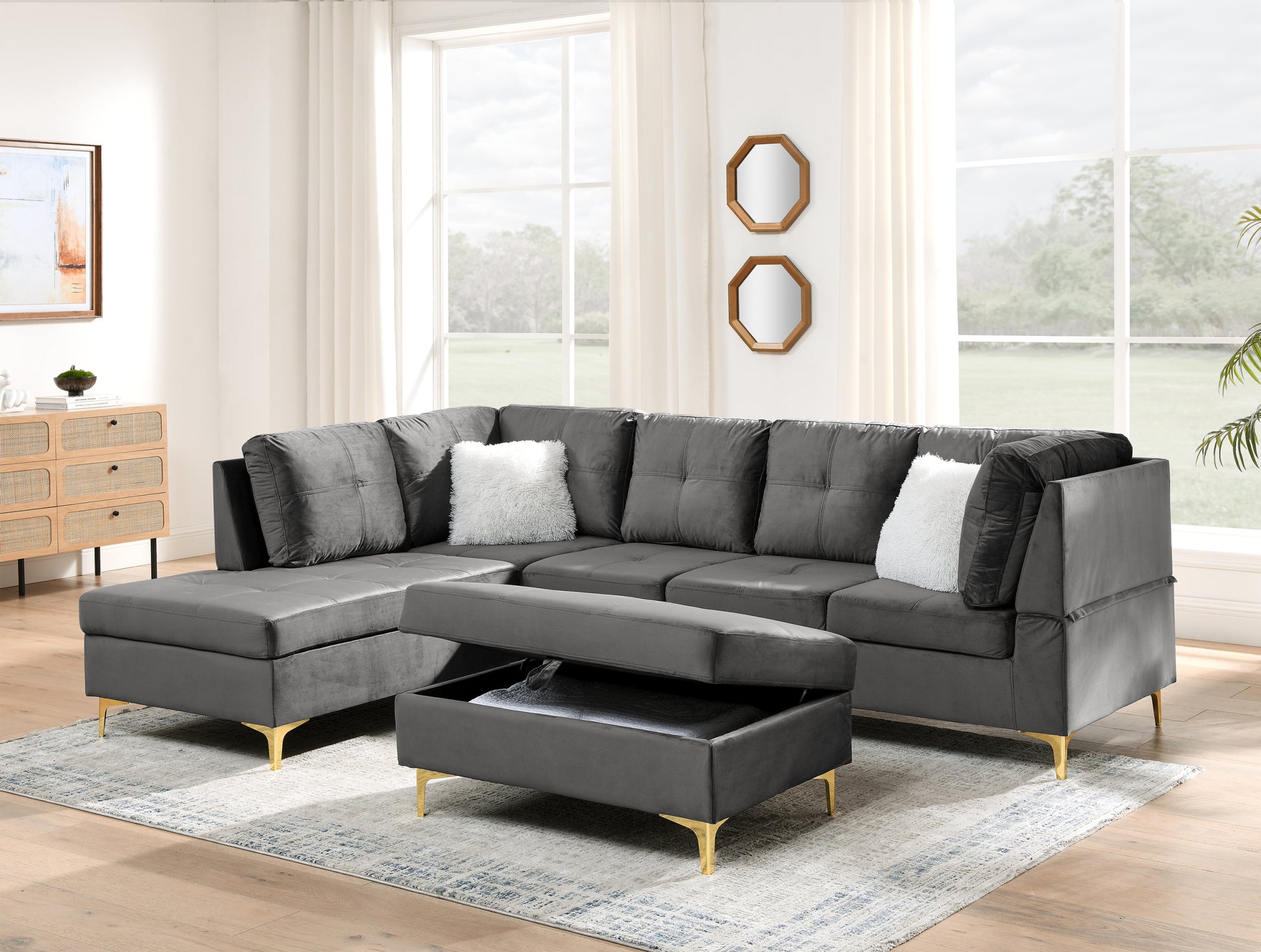 103" Velvet Sectional Sofa, L Shape Corner Couch With Storage Ottoman For Living Room, Gray Fabric, Pocket Coil Spring In Seats, Chaise Face Left Gray Velvet Wood Primary Living Space Medium Soft Pillow Back Classic L Shaped Pillow Top Arms Foam Velvet 6