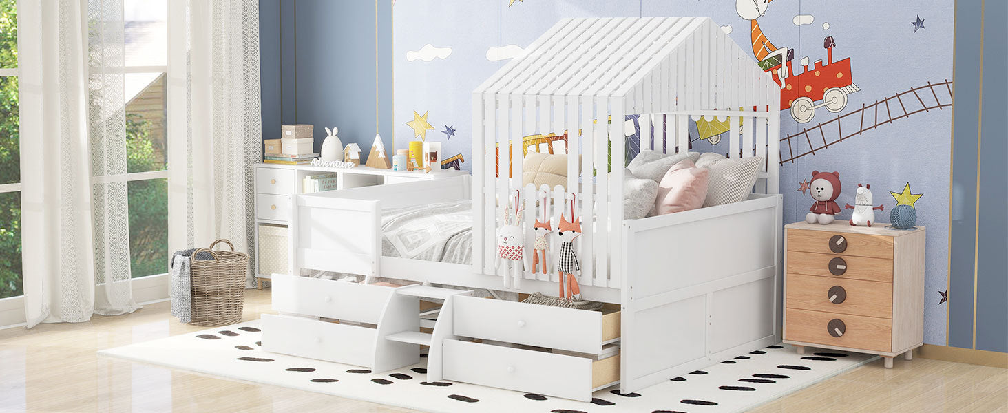 Full Size House Low Loft Bed With Four Drawers,White Box Spring Not Required White Wood Pine