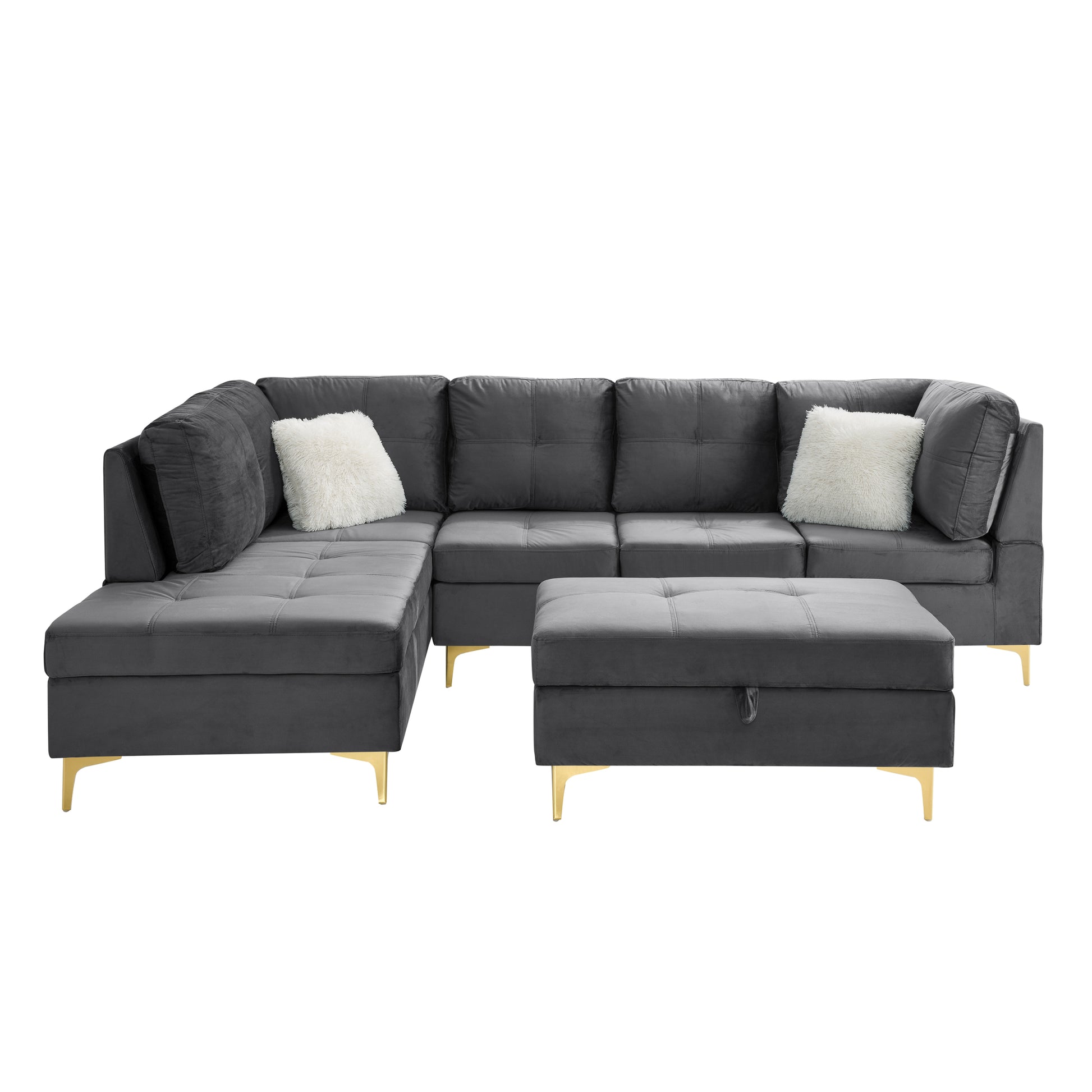 103" Velvet Sectional Sofa, L Shape Corner Couch With Storage Ottoman For Living Room, Gray Fabric, Pocket Coil Spring In Seats, Chaise Face Left Gray Velvet Wood Primary Living Space Medium Soft Pillow Back Classic L Shaped Pillow Top Arms Foam Velvet 6