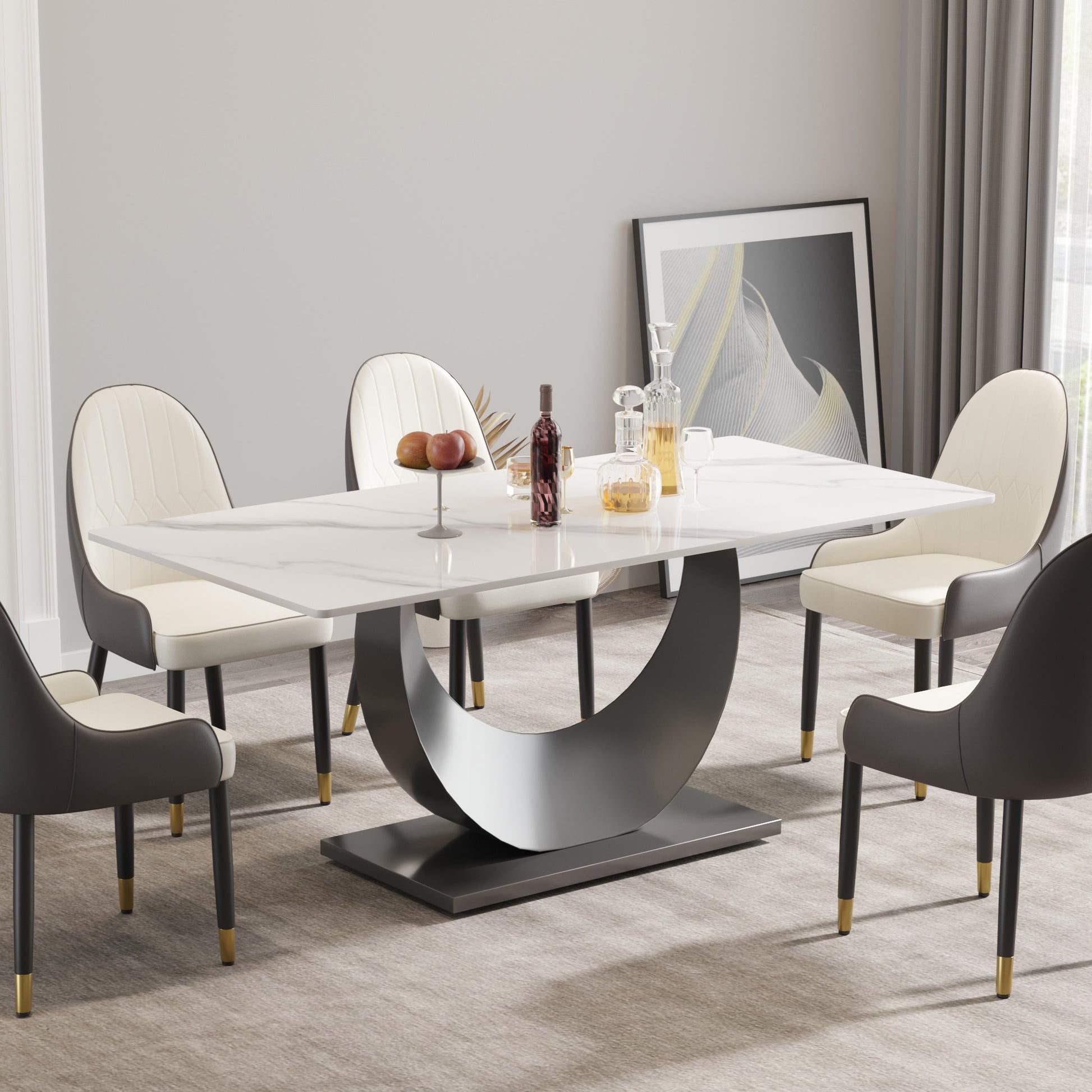 70.87" Modern Artificial Stone White Crescent Shaped Black Metal Legs Can Accommodate 6 8 People. White Metal Sintered Stone