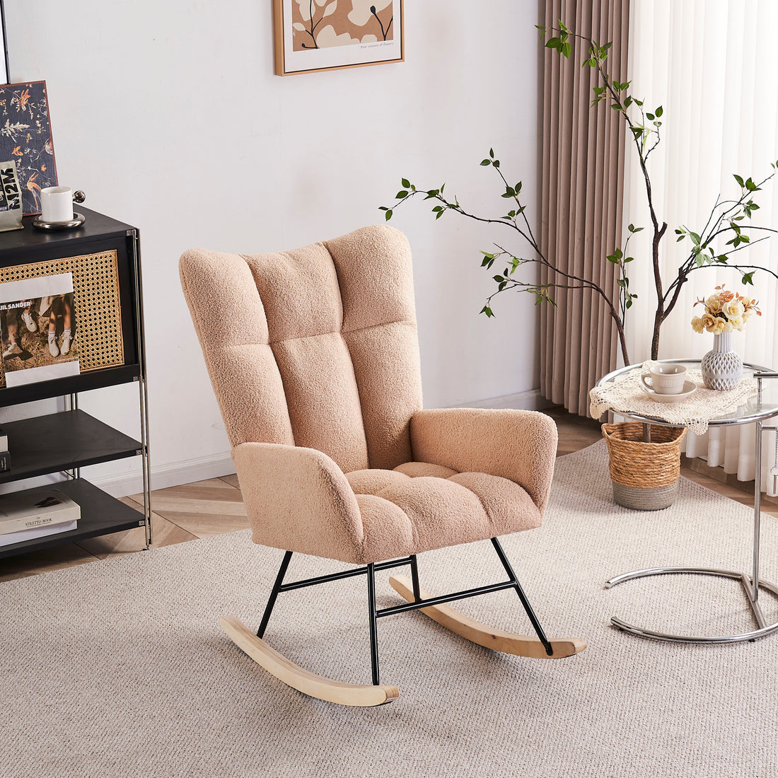 Rocking Chair Nursery, Solid Wood Legs Reading Chair With Teddy Fabric Upholsterednap Armchair For Living Rooms, Bedrooms, Offices, Best Gift,Nude Teddy Fabric Cream Primary Living Space Modern Rocking Chairs Polyester