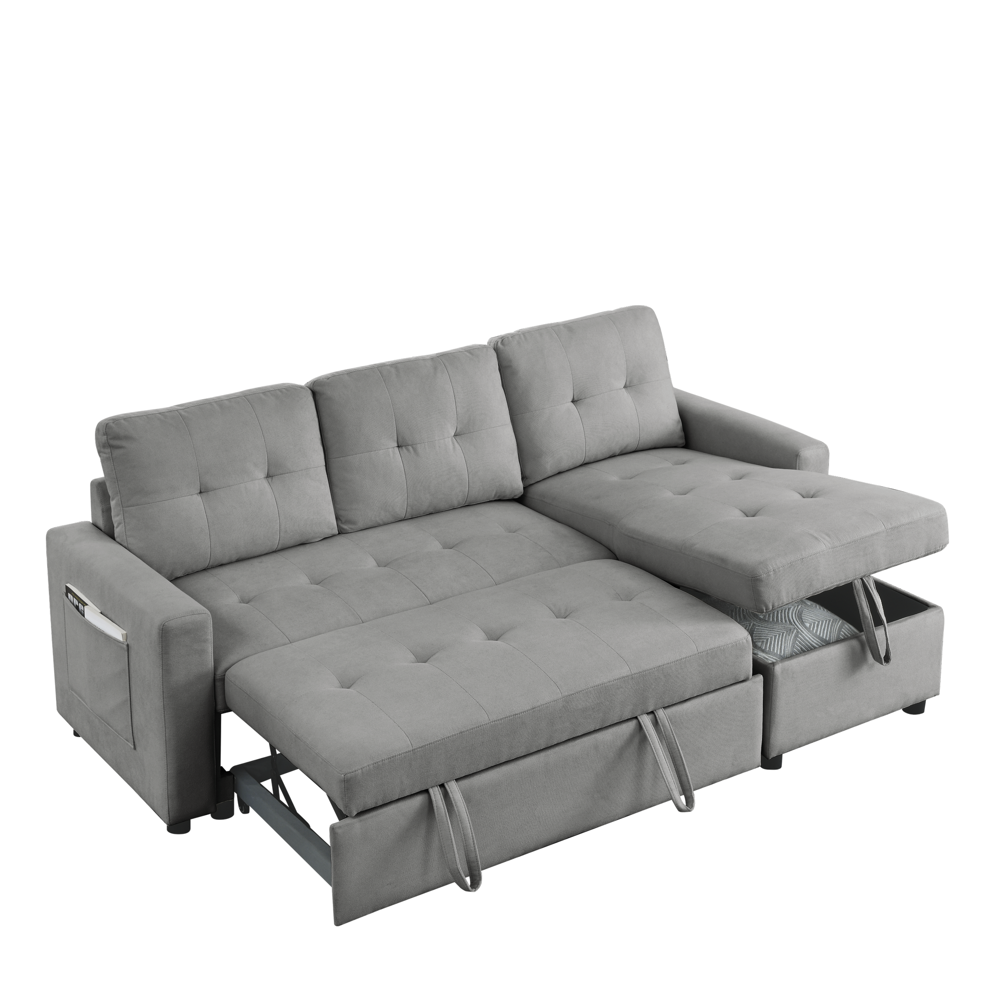 Mh 78.5" Sleeper Sofa Bed Reversible Sectional Couch With Storage Chaise And Side Storage Bag For Small Space Living Room Furniture Set Grey Primary Living Space Eucalyptus Polyester Fabric