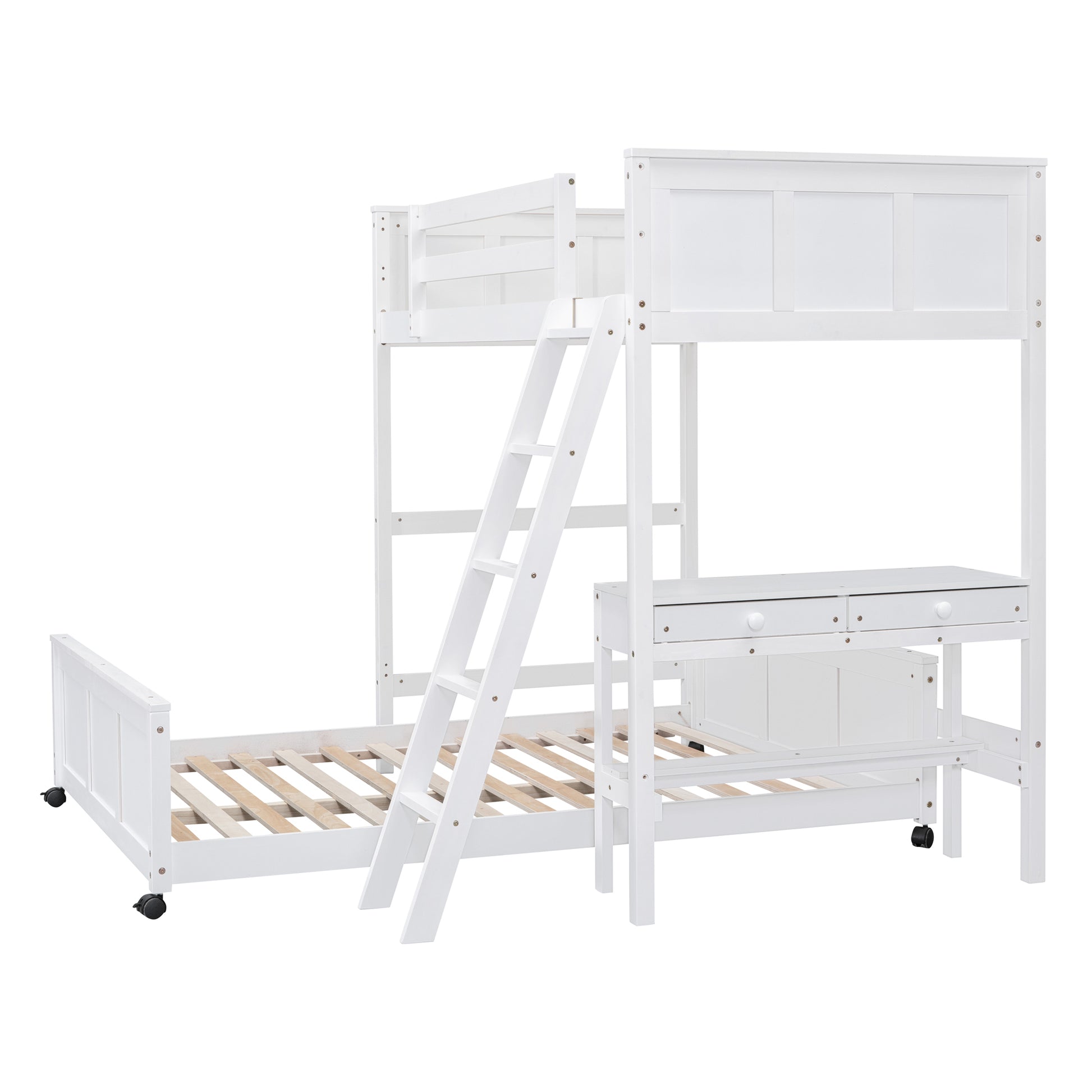 Twin Over Full Bunk Bed With Desk, White White Solid Wood Mdf