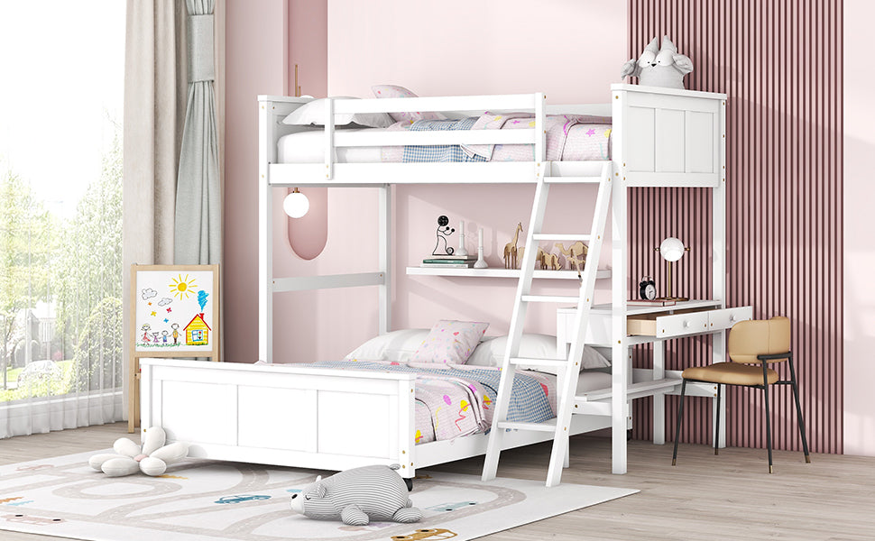 Twin Over Full Bunk Bed With Desk, White White Solid Wood Mdf