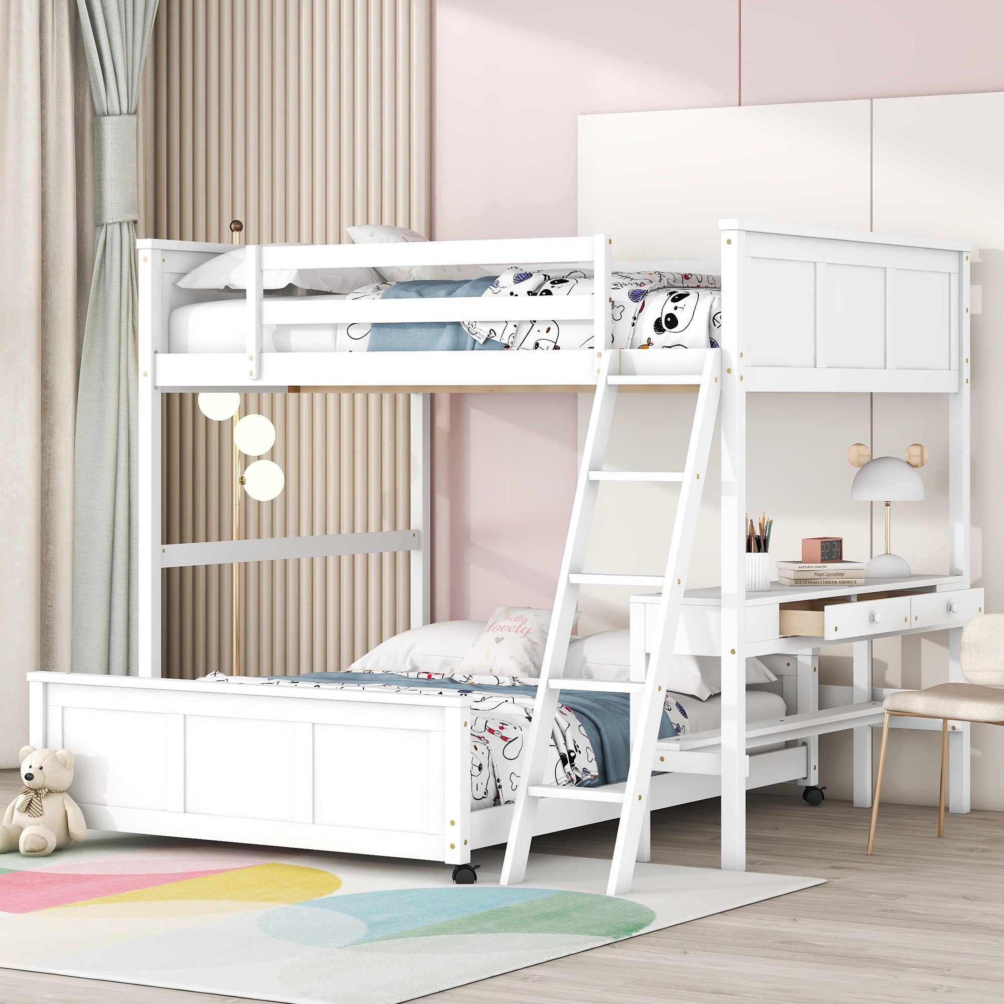 Full Over Full Bunk Bed With Desk, White White Solid Wood Mdf