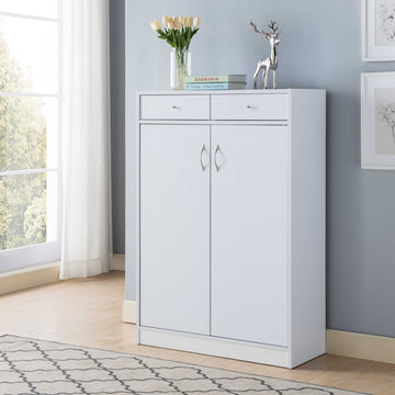 White Shoe Storage Cabinet With Fives Shelves, Two Drawers, Fits 15 Pairs Of Shoes White Particle Board