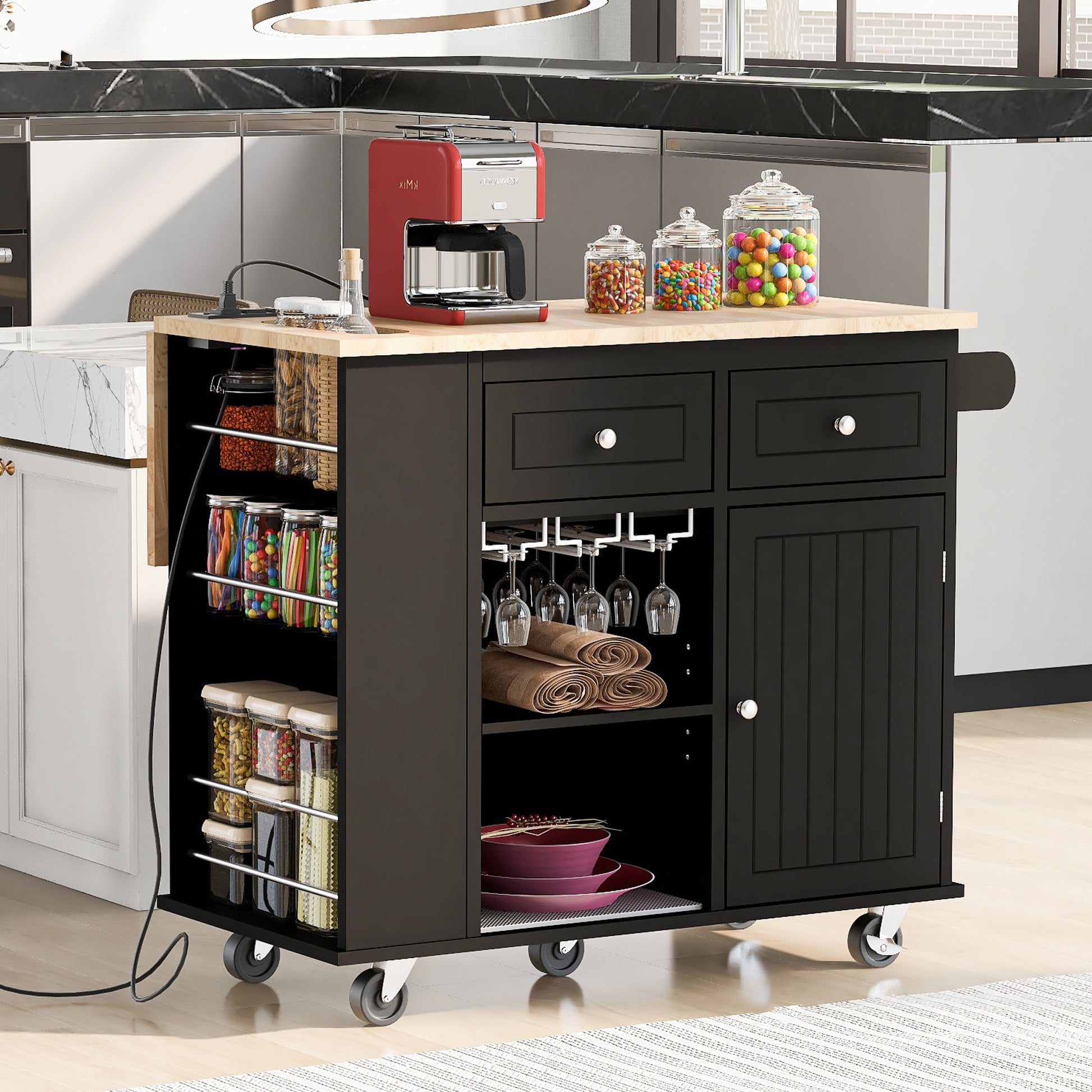 Kitchen Island With Power Outlet,Kitchen Storage Island With Drop Leaf And Rubber Wood,Open Storage And Wine Rack,5 Wheels,With Adjustable Storage For Home, Kitchen, And Dining Room, Black Black Mdf