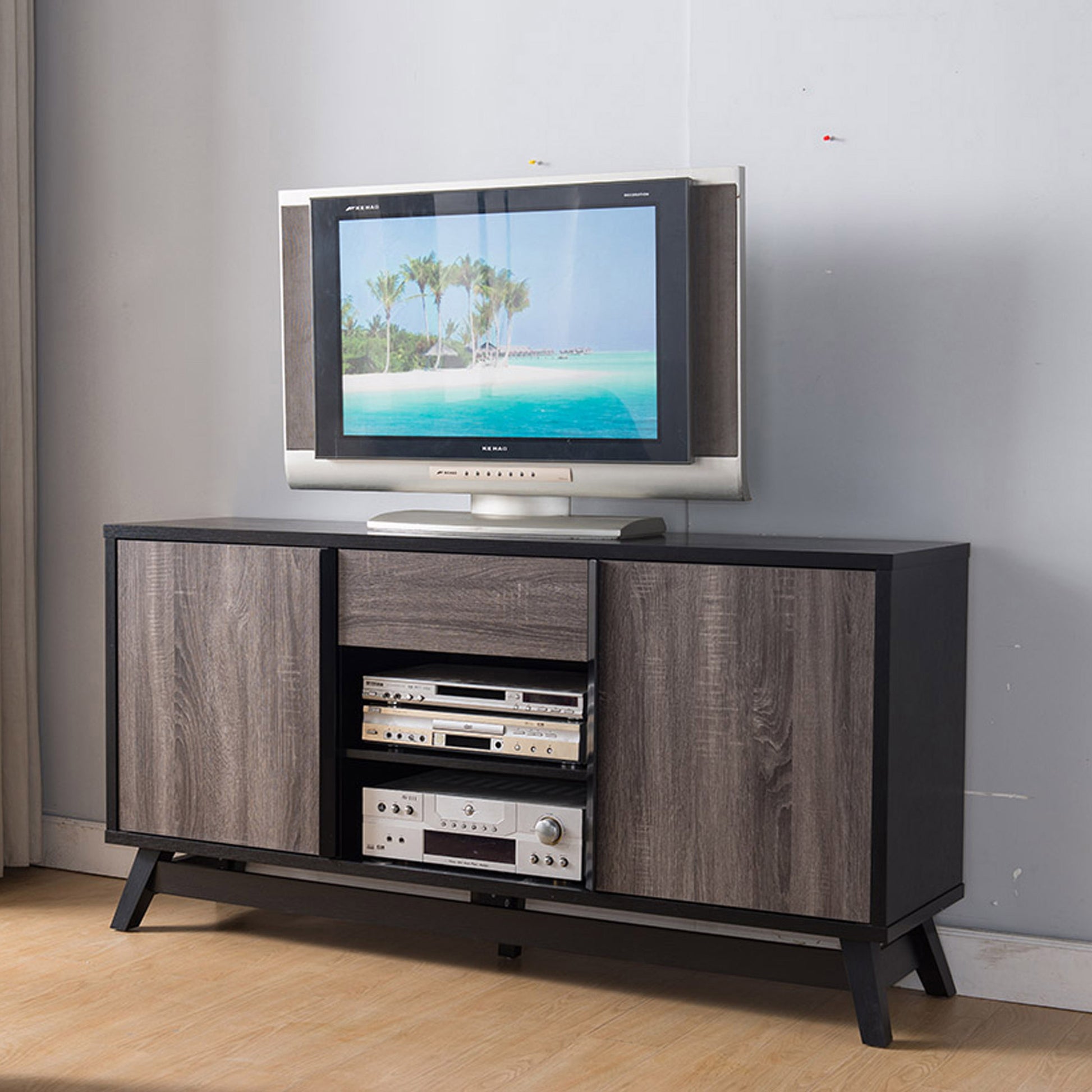 Black And Grey Sideboard Tv Stand Buffet With Two Doors One Drawer And Six Shelves Black Gray Particle Board Mdf