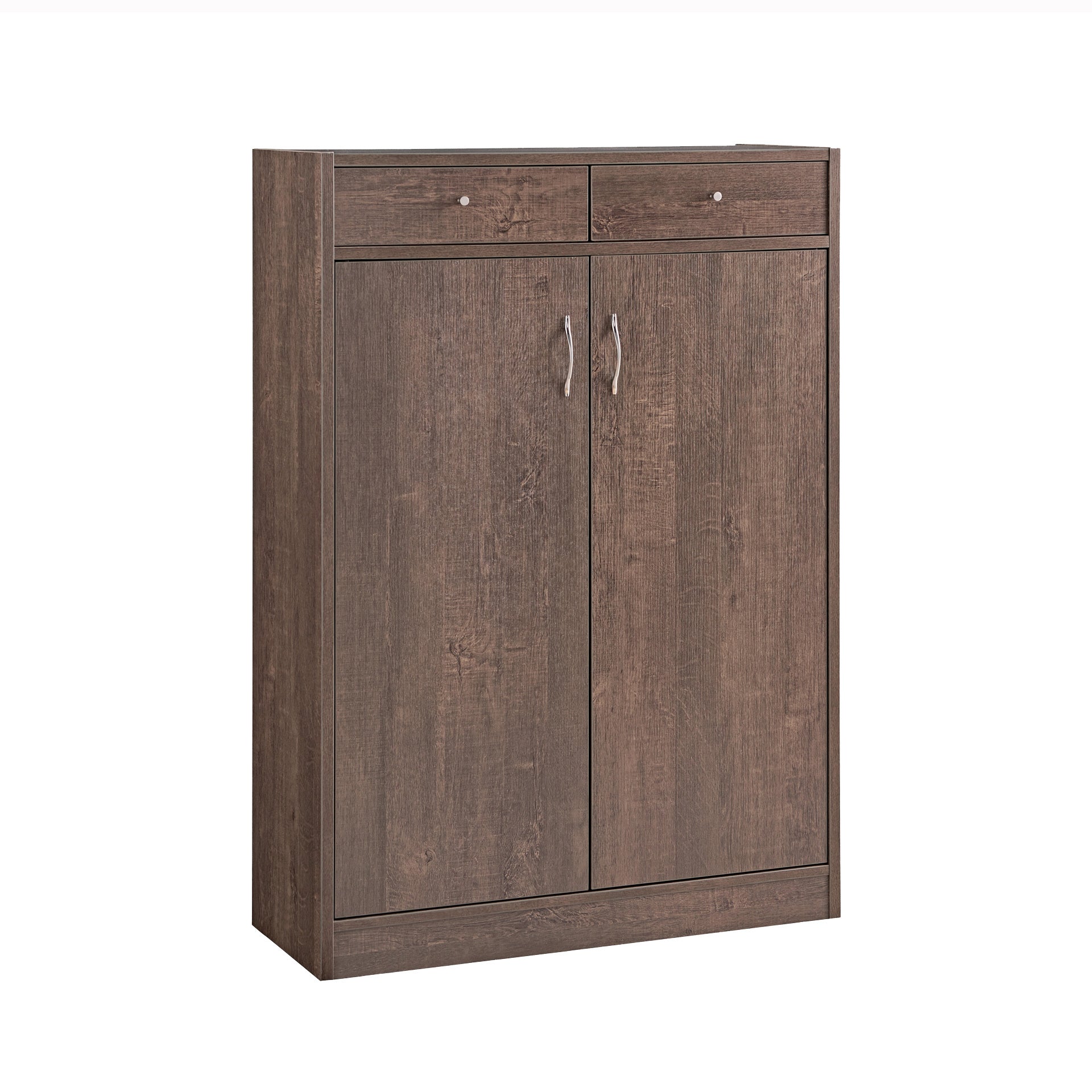 Two Door Shoe Storage Cabinet With Two Top Drawers, Five Shelves Fits 15 Pairs In Walnut Oak Walnut Particle Board