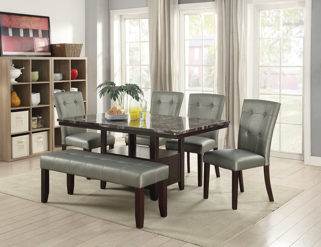 Dining Room Furniture 6Pc Counter Height Dining Set Dining Table W Storage 4X High Chairs 1X Bench Silver Faux Leather Tufted Seats Faux Marble Table Top Silver Seats 6 Espresso Dining Room 60 Inches Bench Seating Classic,Contemporary,Transitional Birch