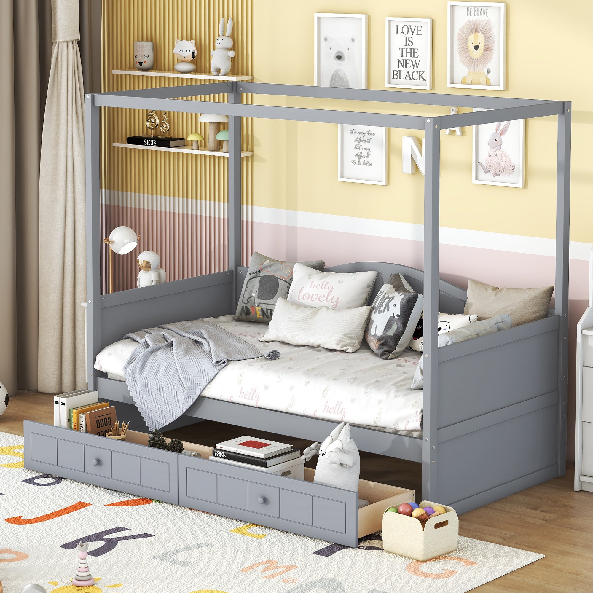 Twin Size Canopy Day Bed With 2 Drawers, Gray Gray Solid Wood Mdf