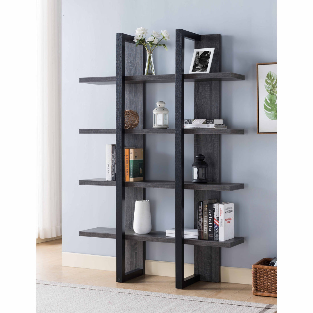 4 Tier Display Organizing Cabinet, Tall Bookcase With Open Shelving Distressed Grey & Black Grey Particle Board