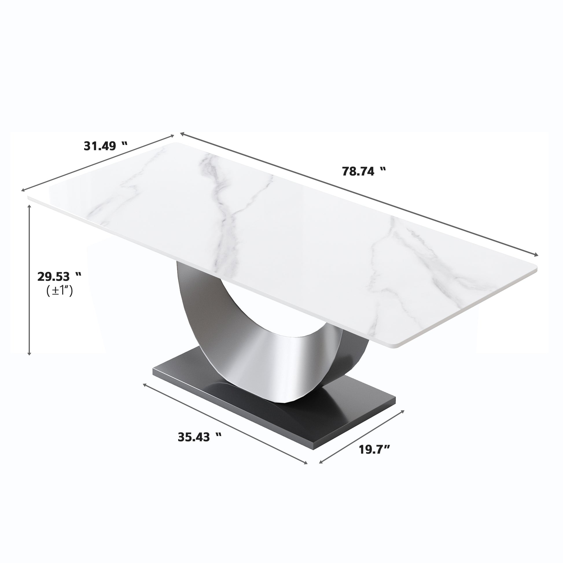 78.74" Modern Artificial Stone White Crescent Shaped Black Metal Legs Can Accommodate 8 People. White Metal Sintered Stone