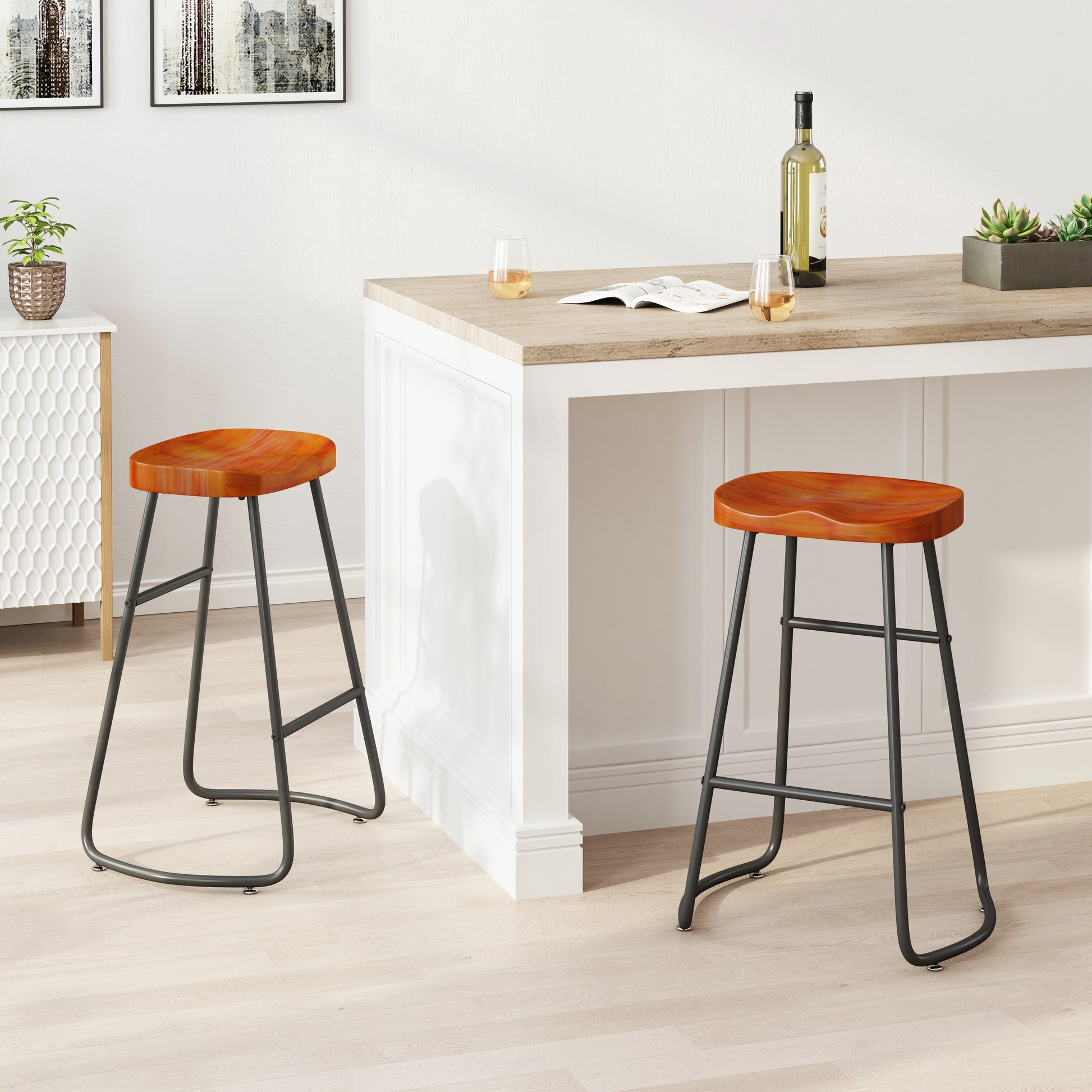 29.52" Stylish And Minimalist Bar Stools Set Of 2, Counter Height Bar Stools, For Kitchen Island, Coffee Shop, Bar, Home Balcony, Brown Brown Bar Stools Metal & Wood