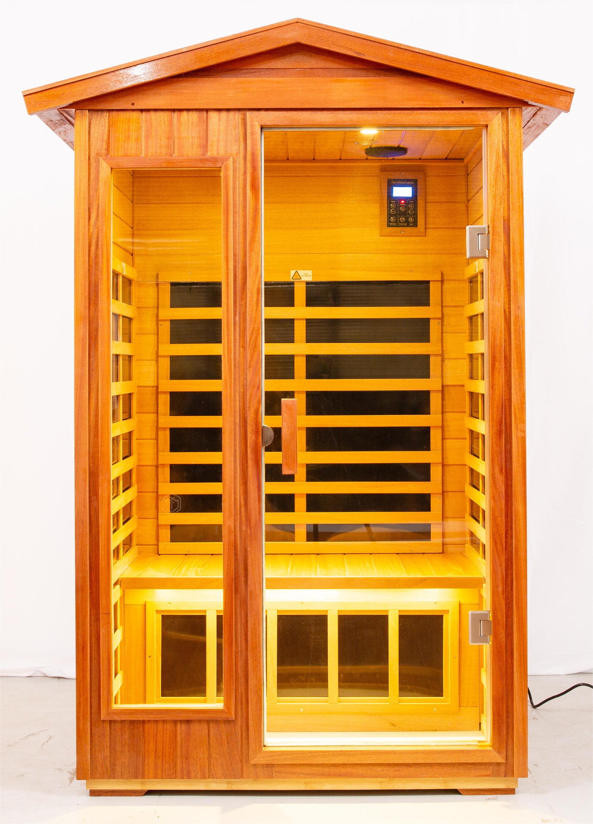 Two Person Far Infrared Khaya Wood Outdoor Sauna Room Roof & Floor Natural Wood Wood Stainless Steel