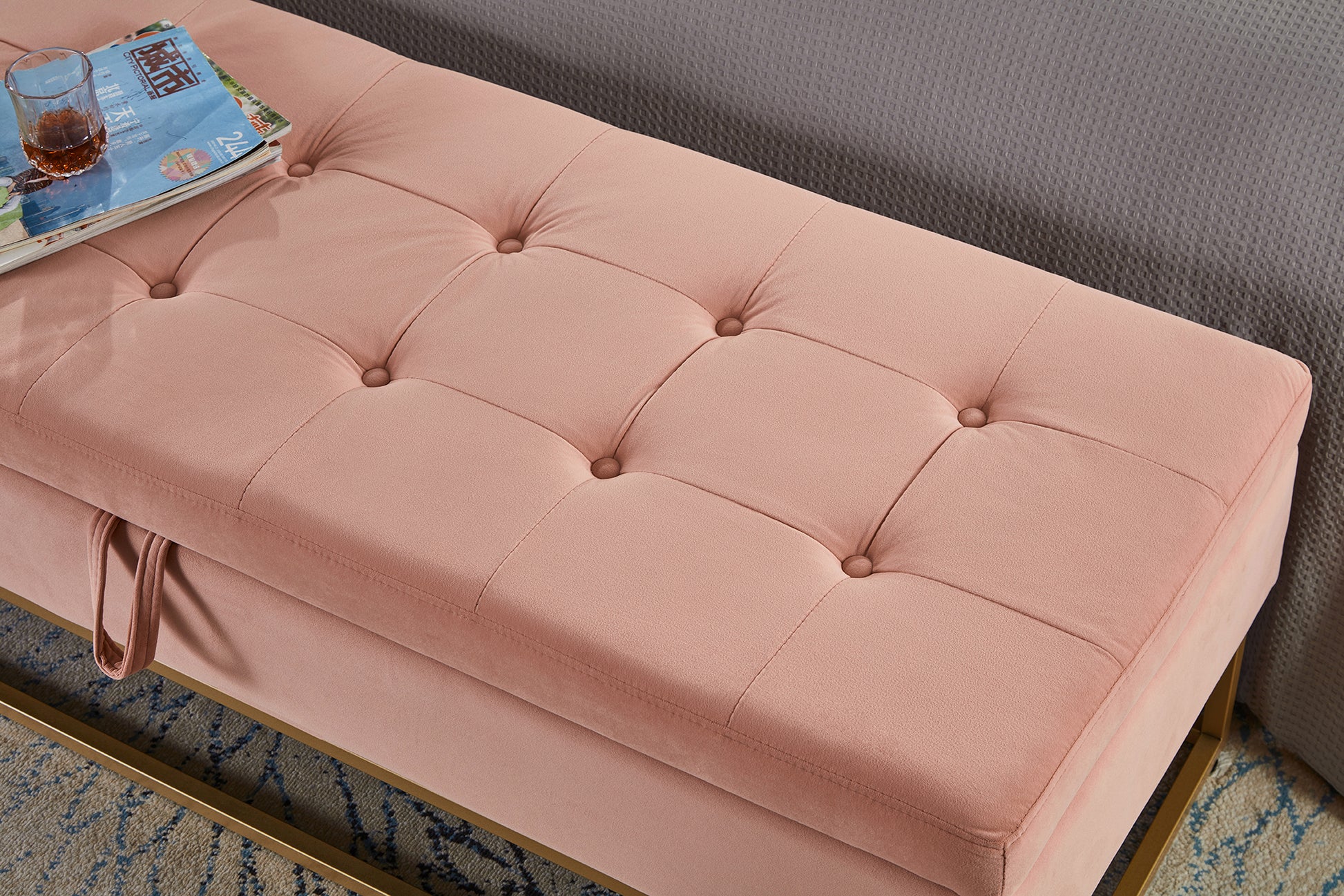 58.6" Bed Bench Metal Base With Storage Pink Velvet Pink Foam Velvet